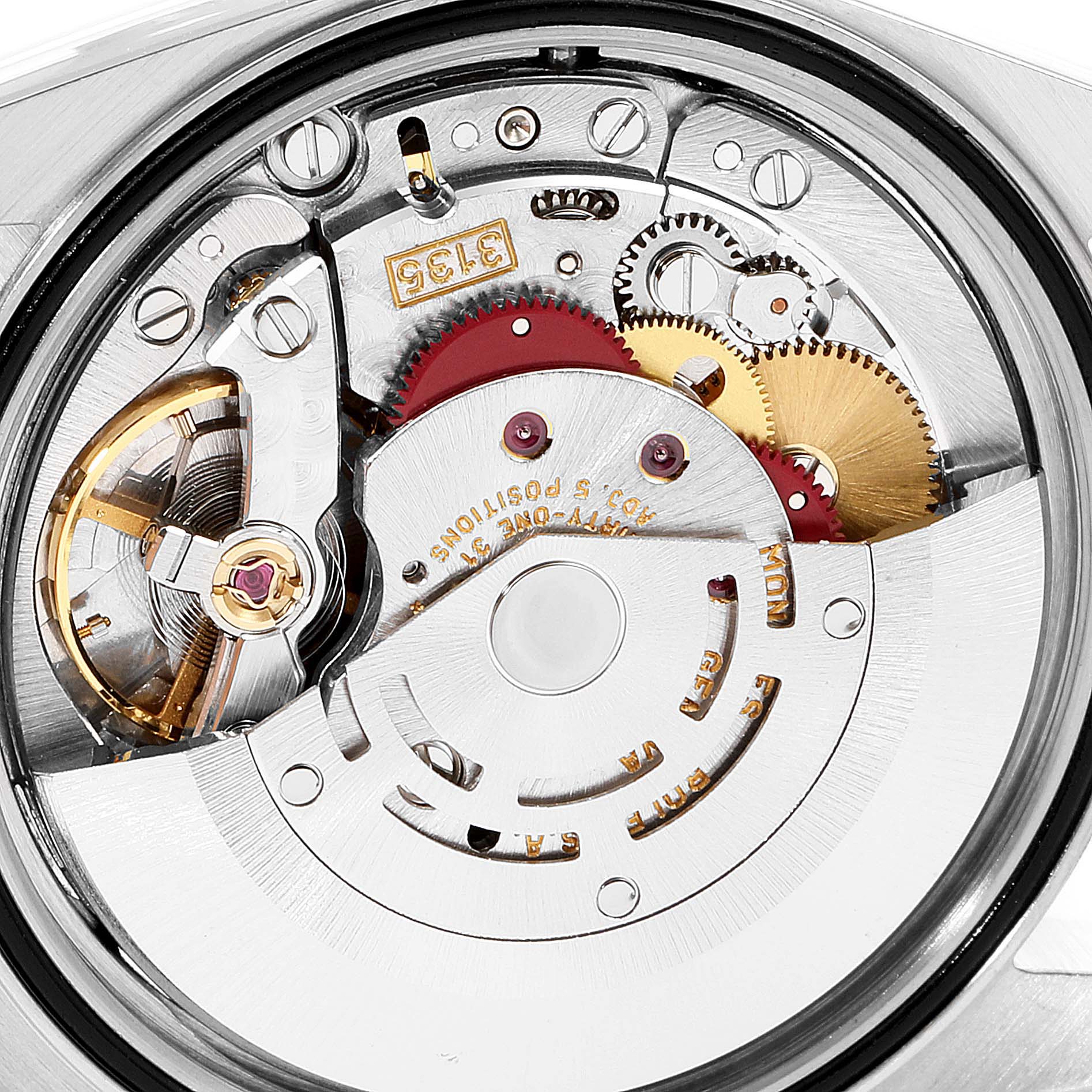 This image shows the internal mechanical parts and movement of a Rolex Datejust 16233 Men's Steel and Gold (two tone) Champagne Dial 16233 Men's Steel and Gold (two tone) Champagne Dial watch from the back angle.
