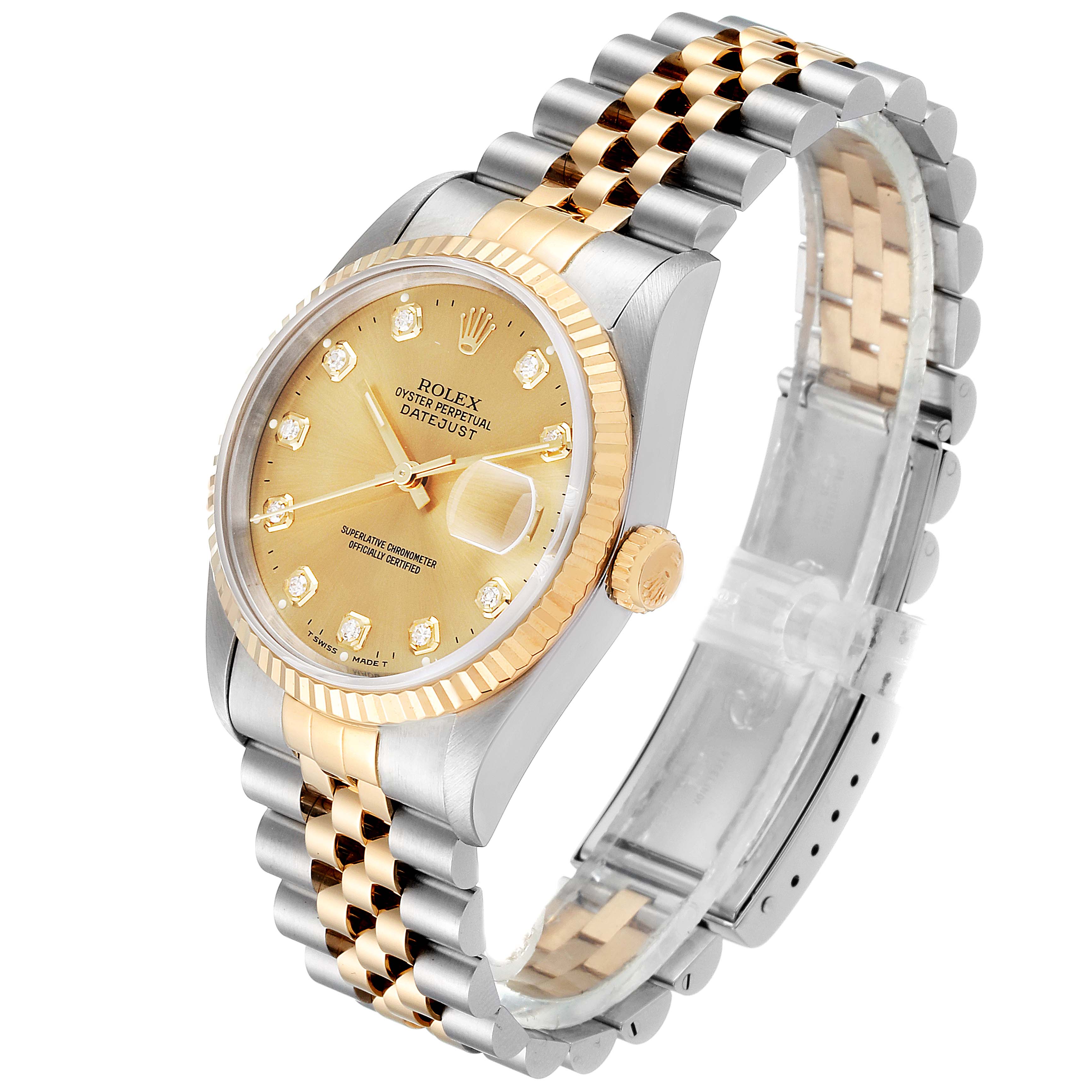 This image shows the Rolex Datejust 16233 Men's Steel and Gold (two tone) Champagne Dial 16233 Men's Steel and Gold (two tone) Champagne Dial watch at an angled side view, highlighting its dial, bezel, bracelet, and crown.