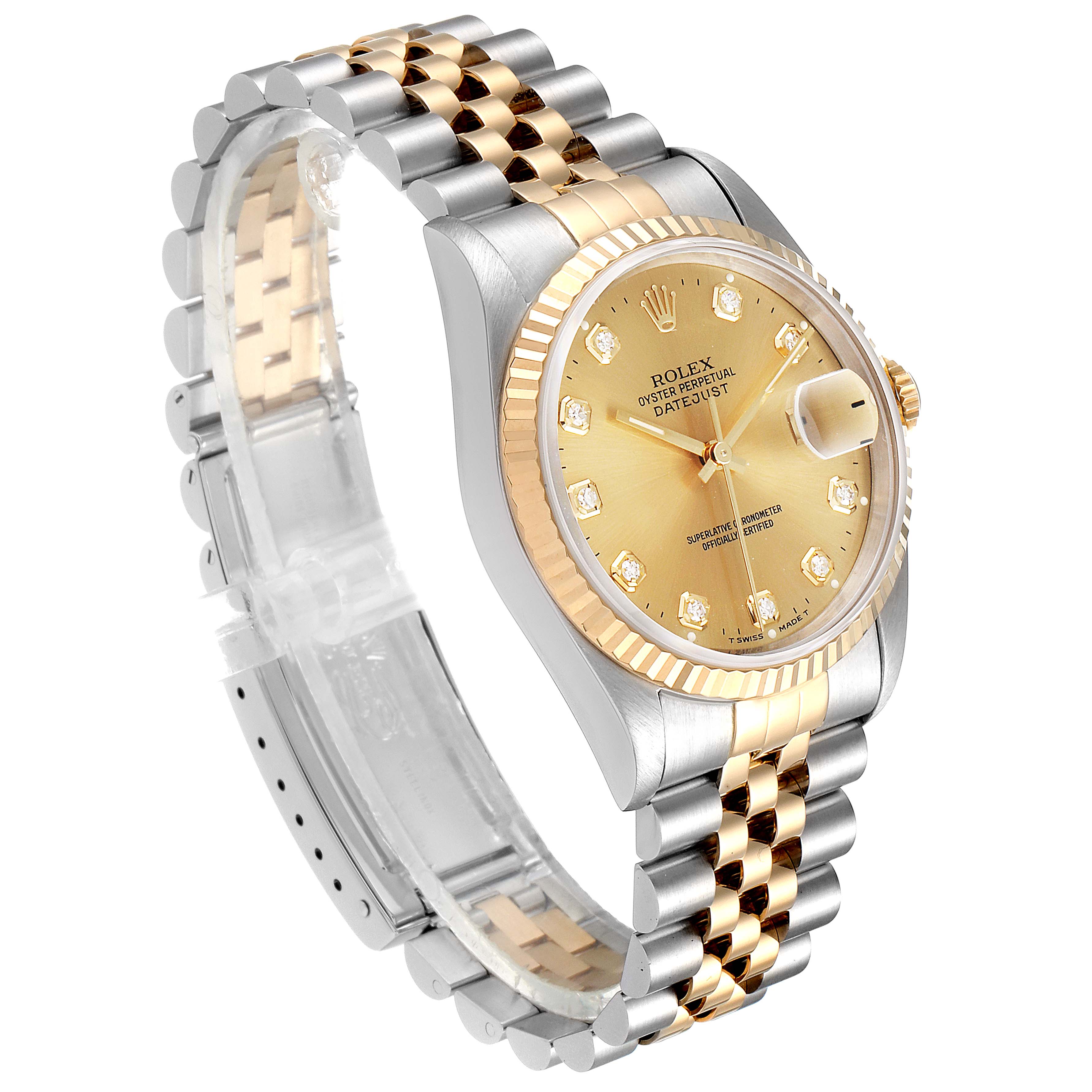The Rolex Datejust 16233 Men's Steel and Gold (two tone) Champagne Dial 16233 Men's Steel and Gold (two tone) Champagne Dial watch is shown at a three-quarter angle, highlighting the dial, bezel, and two-tone bracelet.