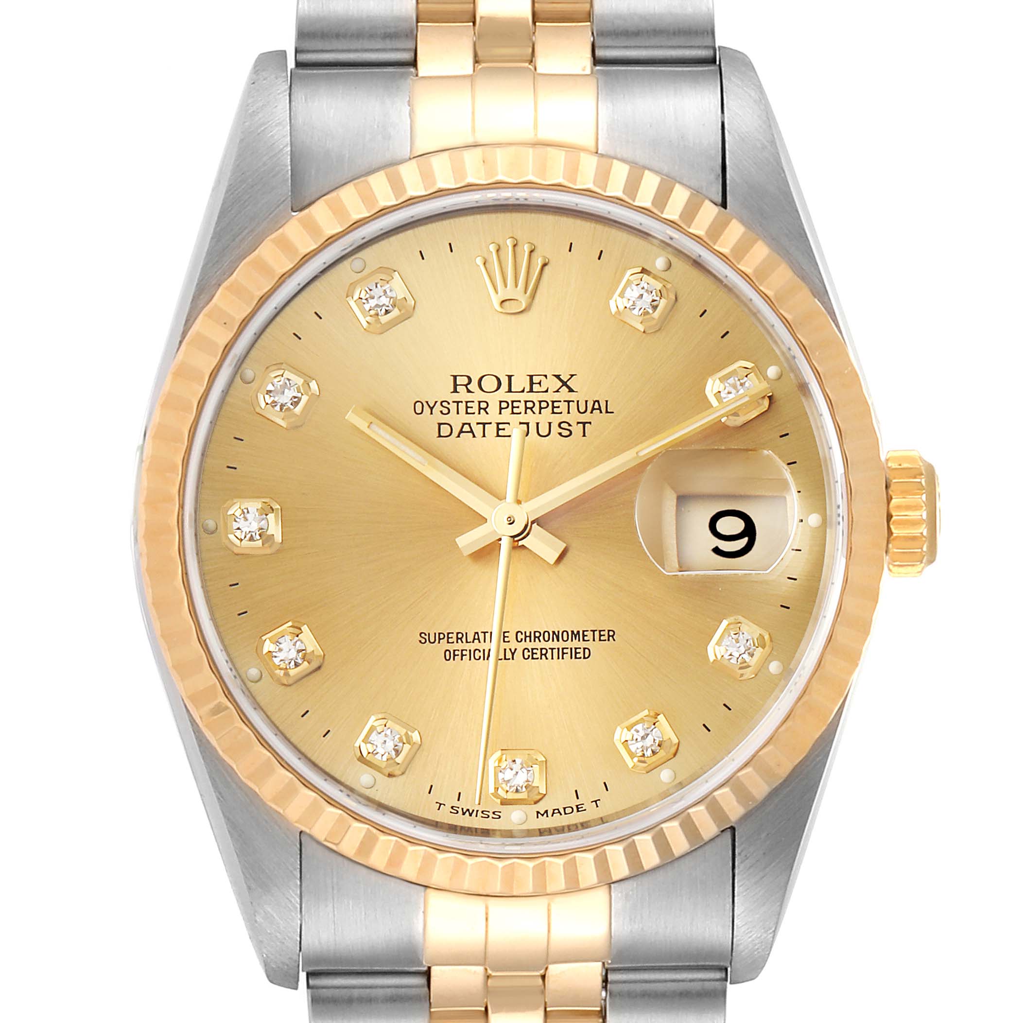 This image shows the front view of a Rolex Datejust 16233 Men's Steel and Gold (two tone) Champagne Dial 16233 Men's Steel and Gold (two tone) Champagne Dial watch, highlighting the dial, bezel, and bracelet.