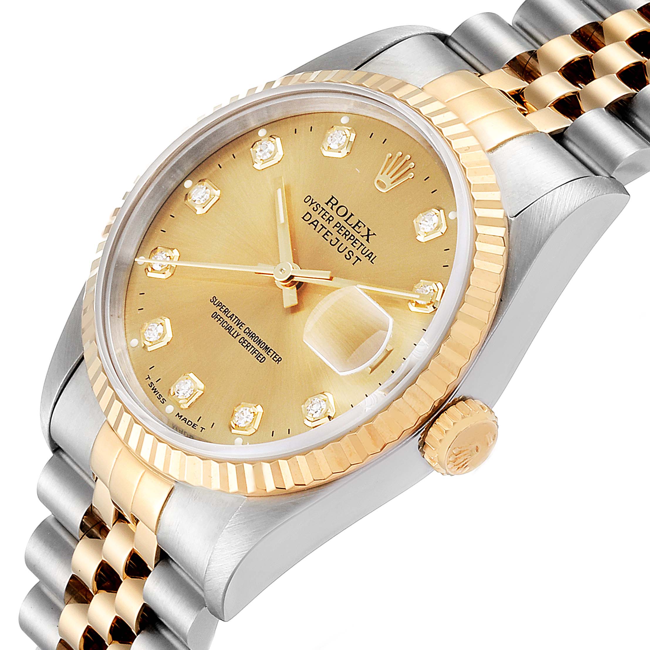 This image shows a close-up angle of the Rolex Datejust 16233 Men's Steel and Gold (two tone) Champagne Dial 16233 Men's Steel and Gold (two tone) Champagne Dial watch, highlighting the dial, bezel, and bracelet.