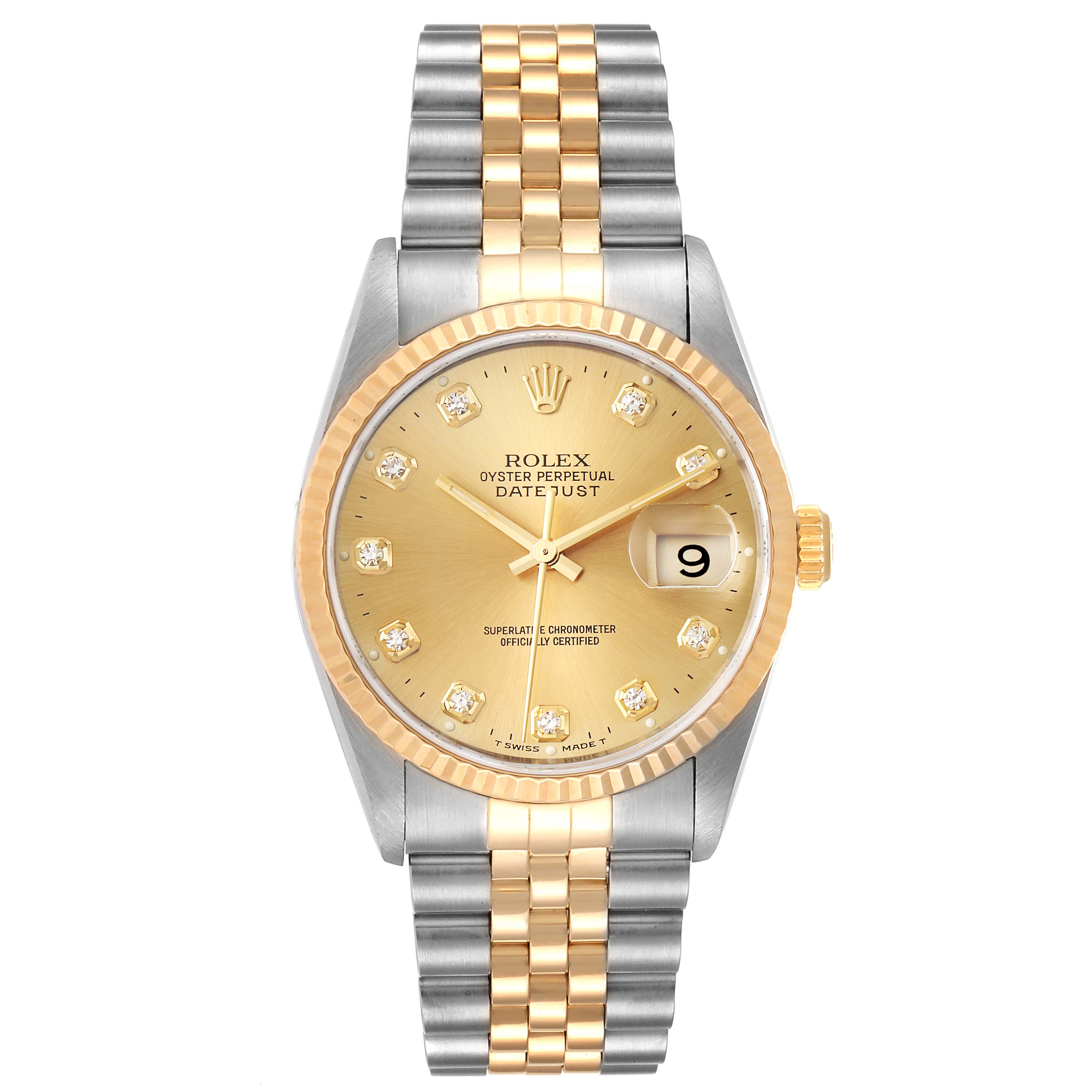 The image shows a front view of a Rolex Datejust 16233 Men's Steel and Gold (two tone) Champagne Dial 16233 Men's Steel and Gold (two tone) Champagne Dial watch, highlighting its gold and silver jubilee bracelet, gold dial, and date window.