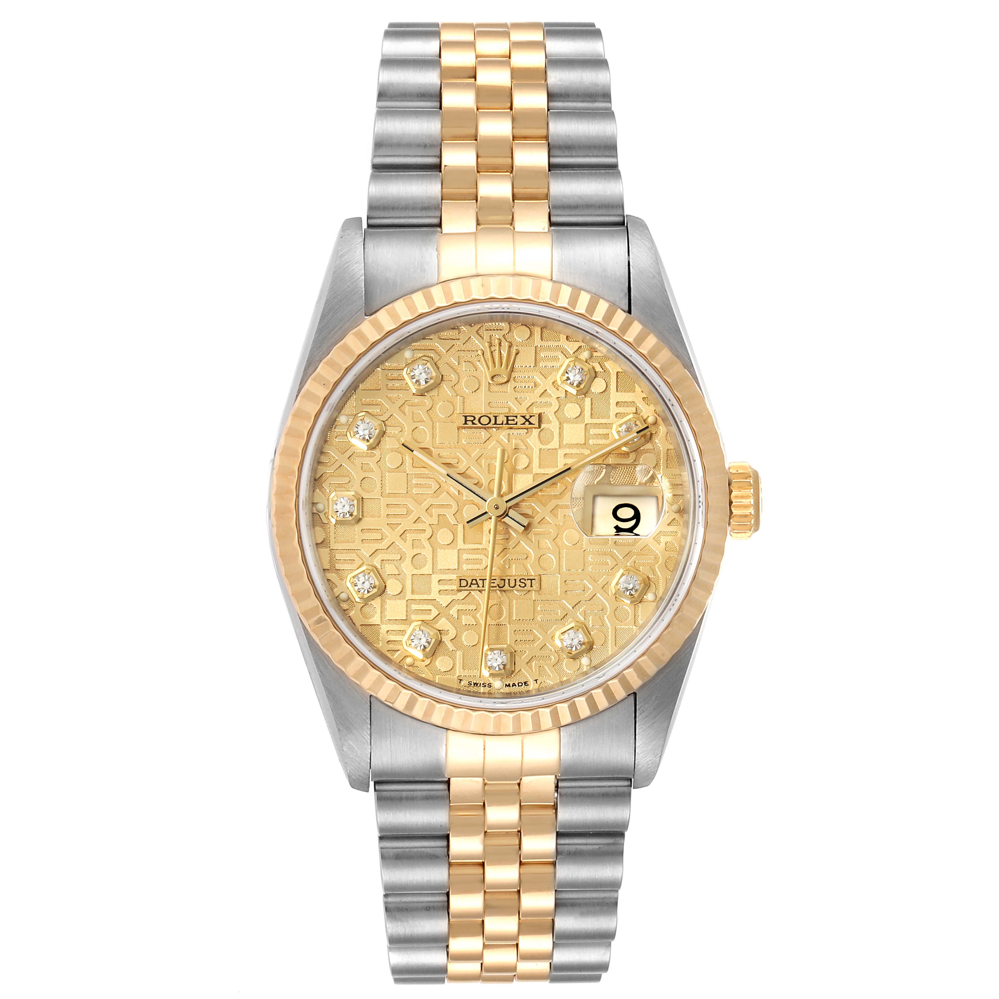 This Rolex Datejust 16233 Men
s Steel and Gold (two tone) Champagne Dial 16233 Men
s Steel and Gold (two tone) Champagne Dial watch is shown from a top-down angle, displaying its gold dial, fluted bezel, and two-tone bracelet.