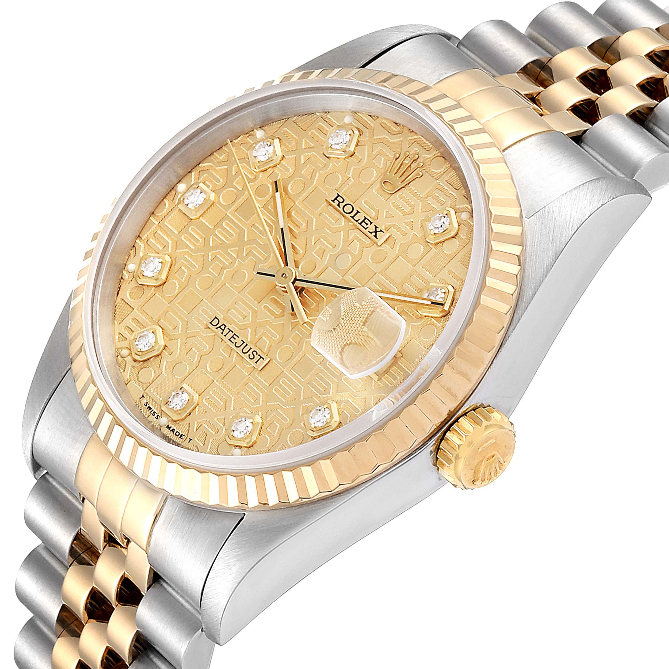 The image shows a close-up angled view of the Rolex Datejust 16233 Men
s Steel and Gold (two tone) Champagne Dial 16233 Men
s Steel and Gold (two tone) Champagne Dial watch, highlighting the dial, bezel, and part of the bracelet.
