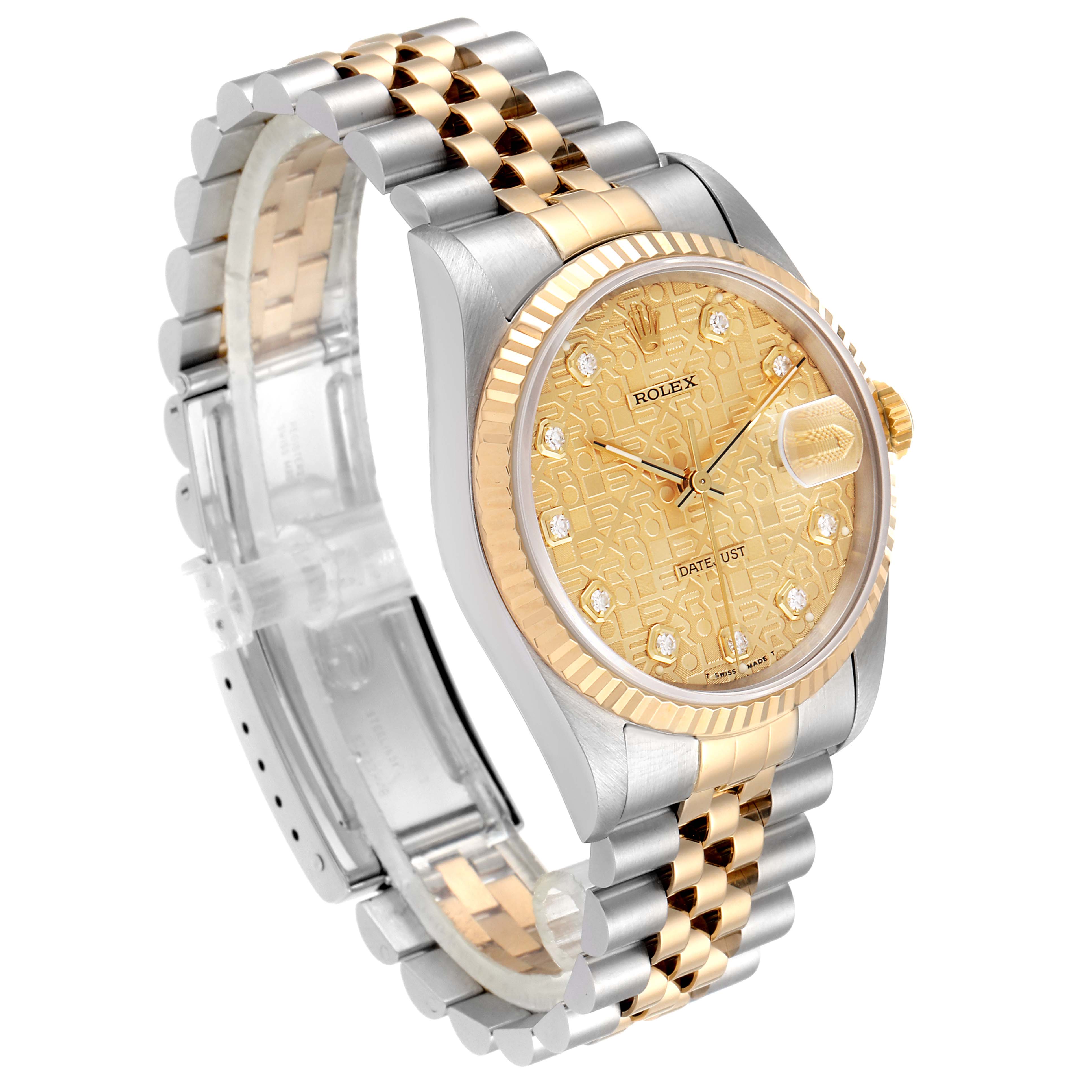 The Rolex Datejust 16233 Men
s Steel and Gold (two tone) Champagne Dial 16233 Men
s Steel and Gold (two tone) Champagne Dial watch is shown at a three-quarter angle, showcasing its face, bezel, crown, and two-tone bracelet.