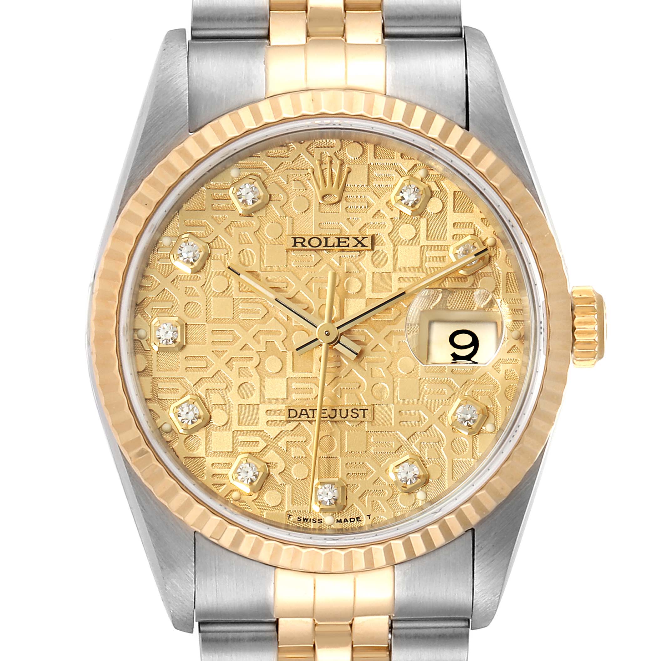 The image shows a front view of a Rolex Datejust 16233 Men
s Steel and Gold (two tone) Champagne Dial 16233 Men
s Steel and Gold (two tone) Champagne Dial watch, highlighting the dial, bezel, crown, and part of the bracelet.