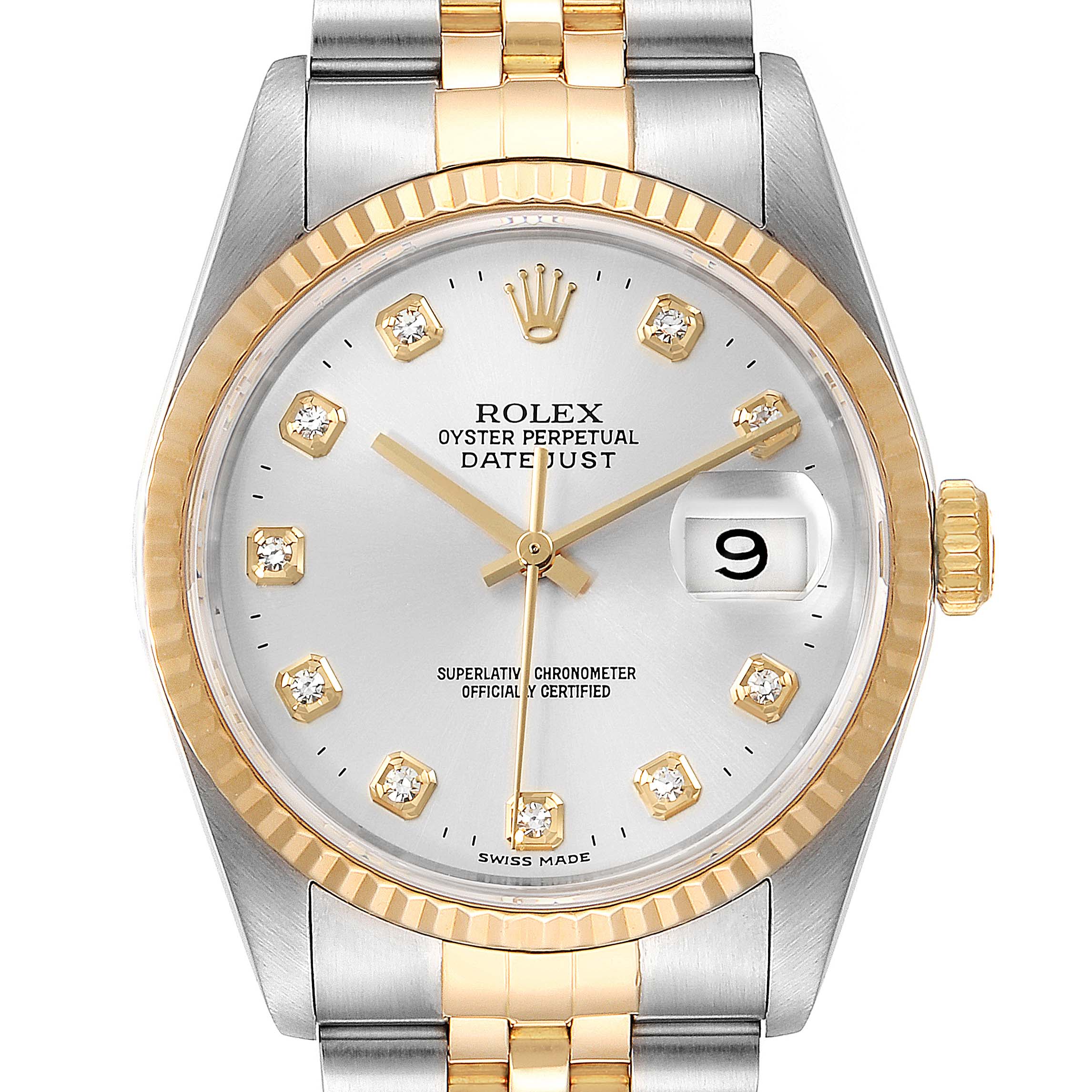 This image shows the front view of the Rolex Datejust 16233 Men's Steel and Gold (two tone) Silver Dial 16233 Men's Steel and Gold (two tone) Silver Dial watch, featuring a gold fluted bezel, jubilee bracelet, and a date window at 3 o'clock.