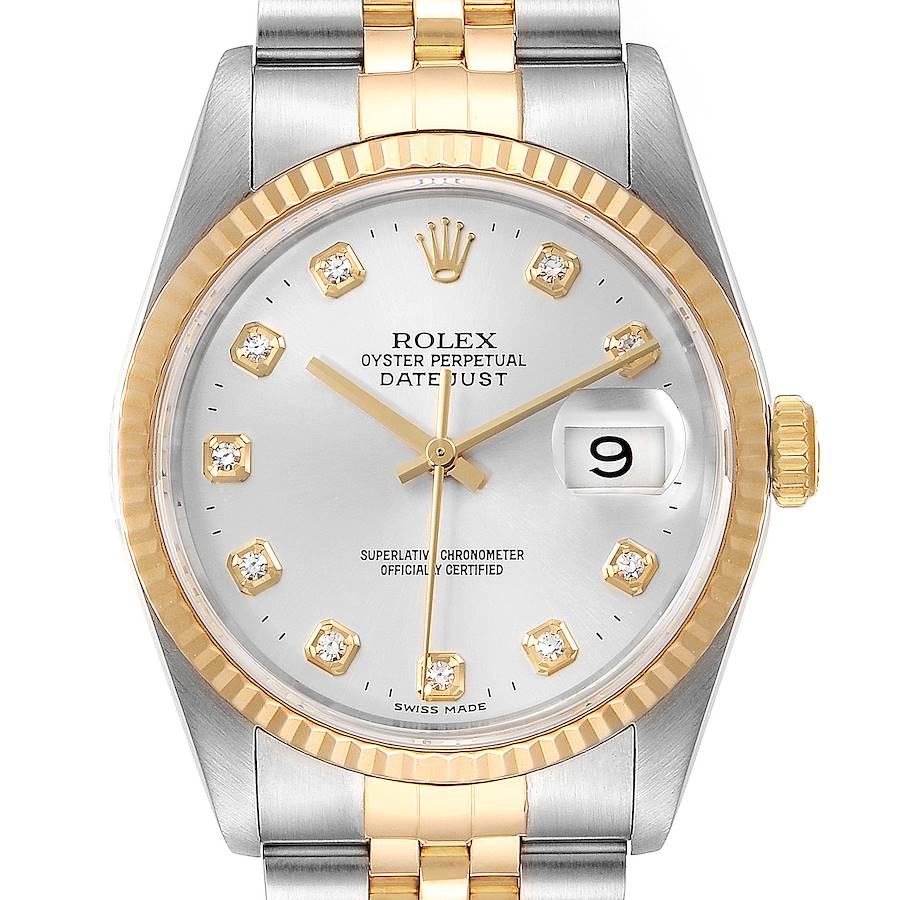 Rolex Datejust Steel Yellow Gold Silver Diamond Dial Mens Watch 16233 SwissWatchExpo