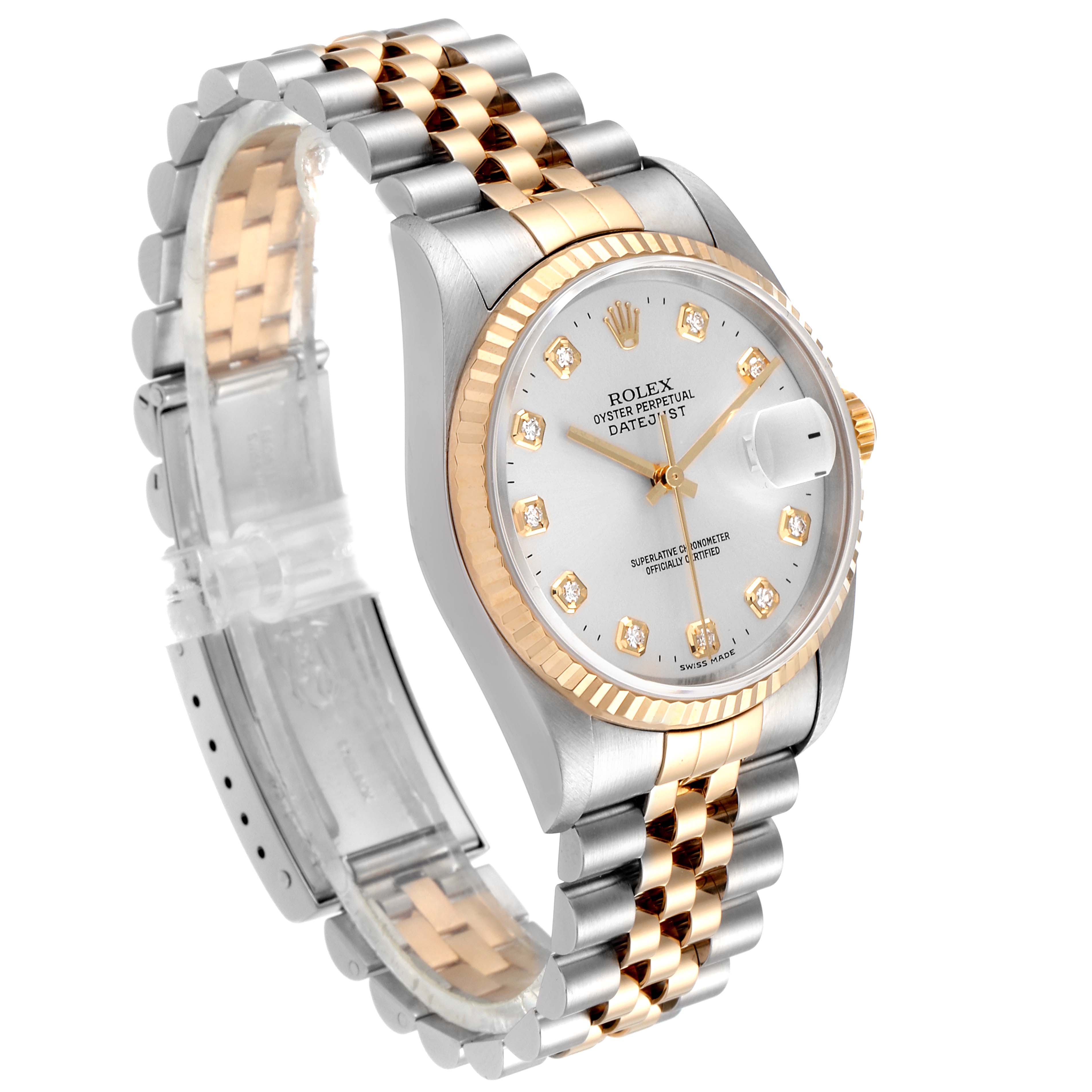 The image shows a Rolex Datejust 16233 Men's Steel and Gold (two tone) Silver Dial 16233 Men's Steel and Gold (two tone) Silver Dial watch at a three-quarter angle, highlighting its two-tone bracelet, fluted bezel, and diamond hour markers.