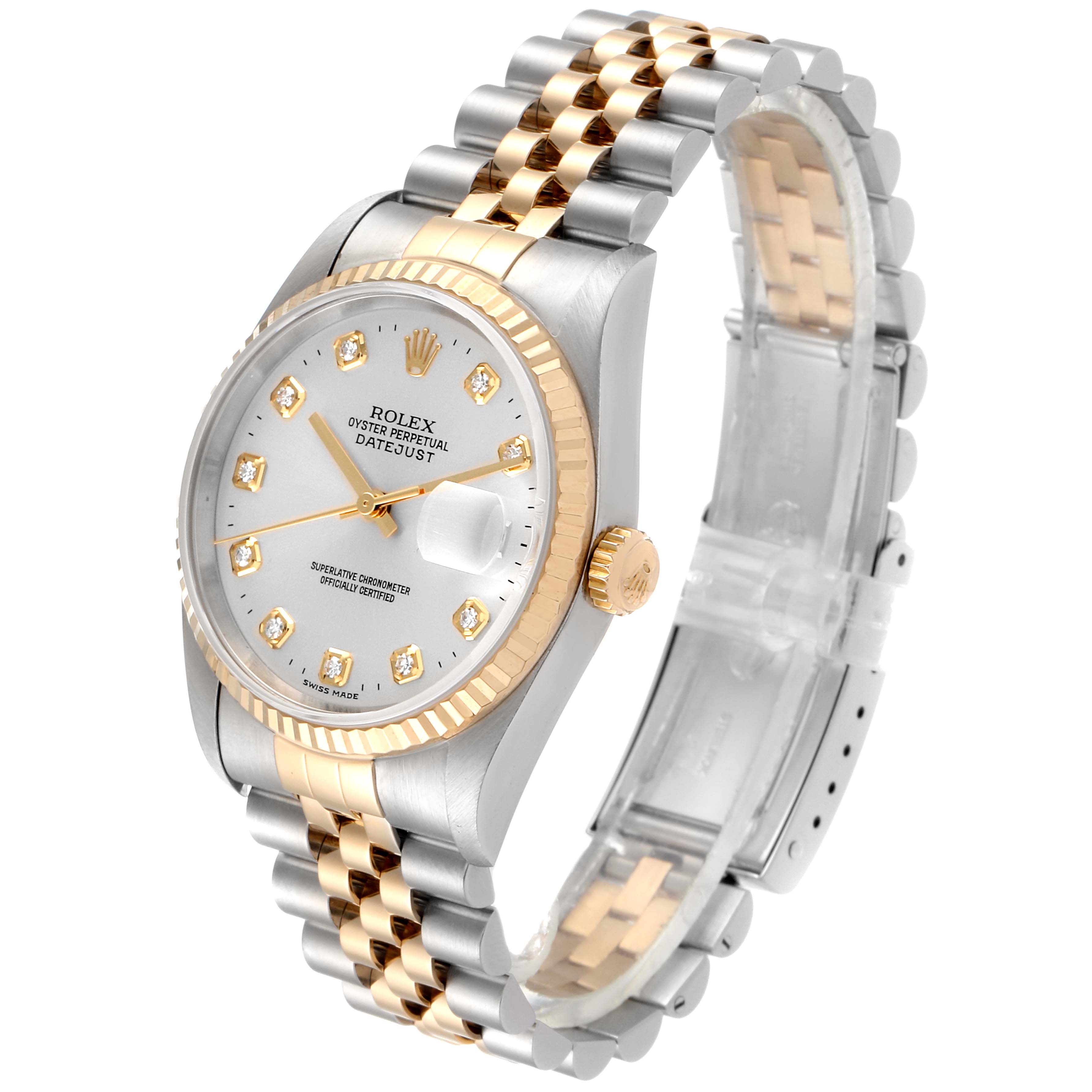 This image shows a Rolex Datejust 16233 Men's Steel and Gold (two tone) Silver Dial 16233 Men's Steel and Gold (two tone) Silver Dial watch at an angled view, highlighting its face, bezel, crown, and two-tone bracelet.