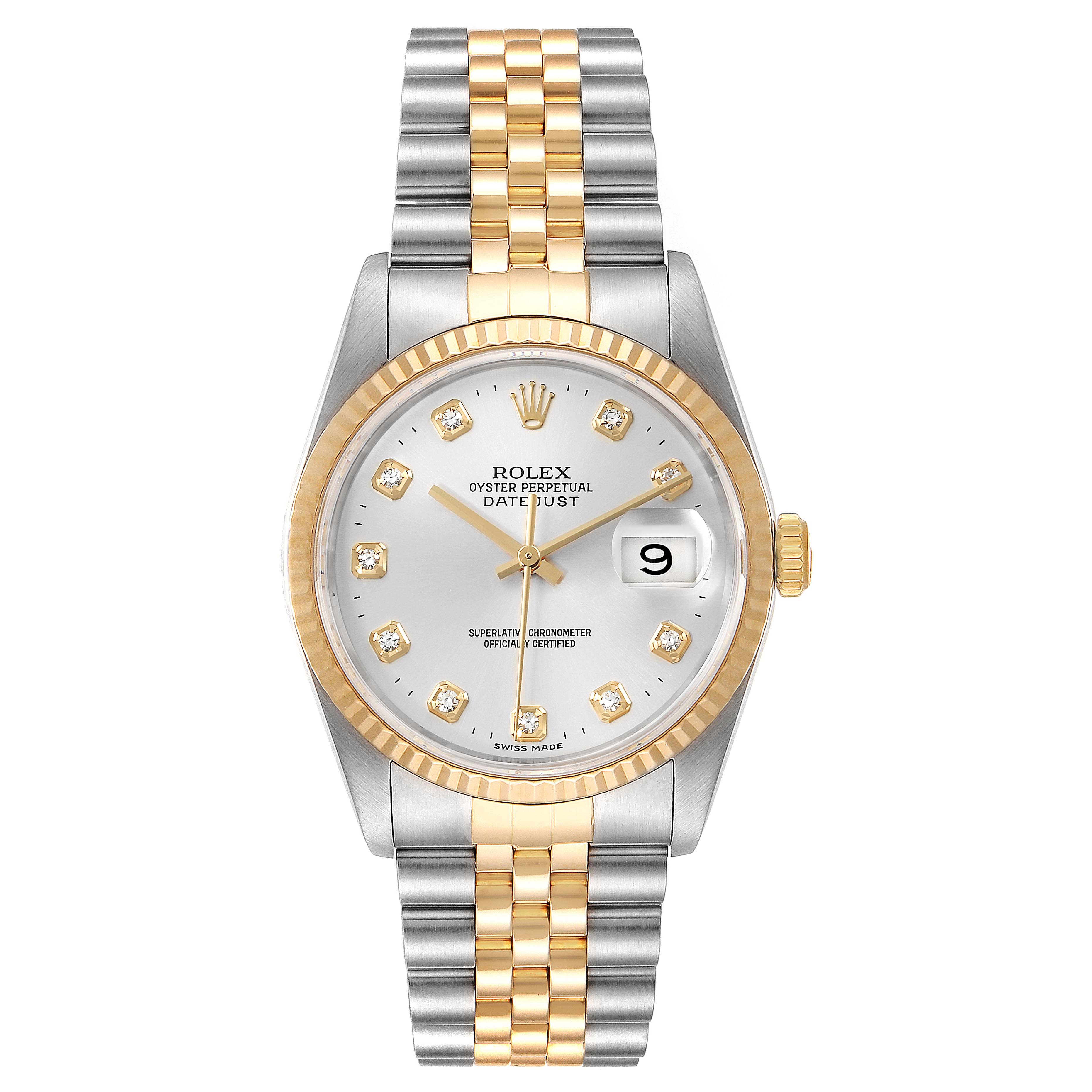 This image shows a front view of the Rolex Datejust 16233 Men's Steel and Gold (two tone) Silver Dial 16233 Men's Steel and Gold (two tone) Silver Dial watch with a two-tone bracelet and a fluted gold bezel.