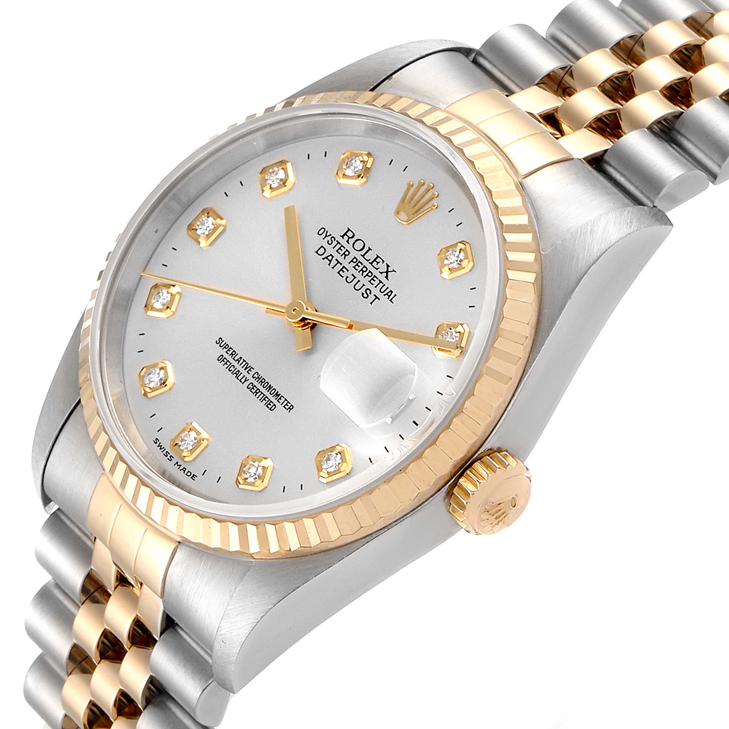 This image shows a Rolex Datejust 16233 Men's Steel and Gold (two tone) Silver Dial 16233 Men's Steel and Gold (two tone) Silver Dial watch at an angle highlighting the dial, bezel, bracelet, and crown.