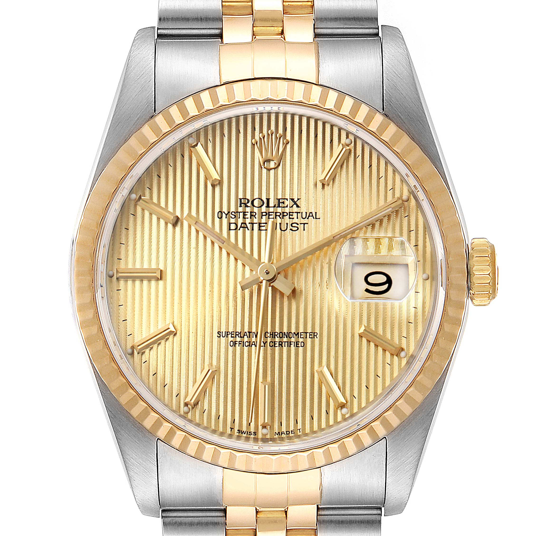 This Rolex Datejust 16233 Men's Steel and Gold (two tone) Champagne Dial 16233 Men's Steel and Gold (two tone) Champagne Dial watch is shown from a front angle, highlighting its dial, hands, fluted bezel, and part of the bracelet.
