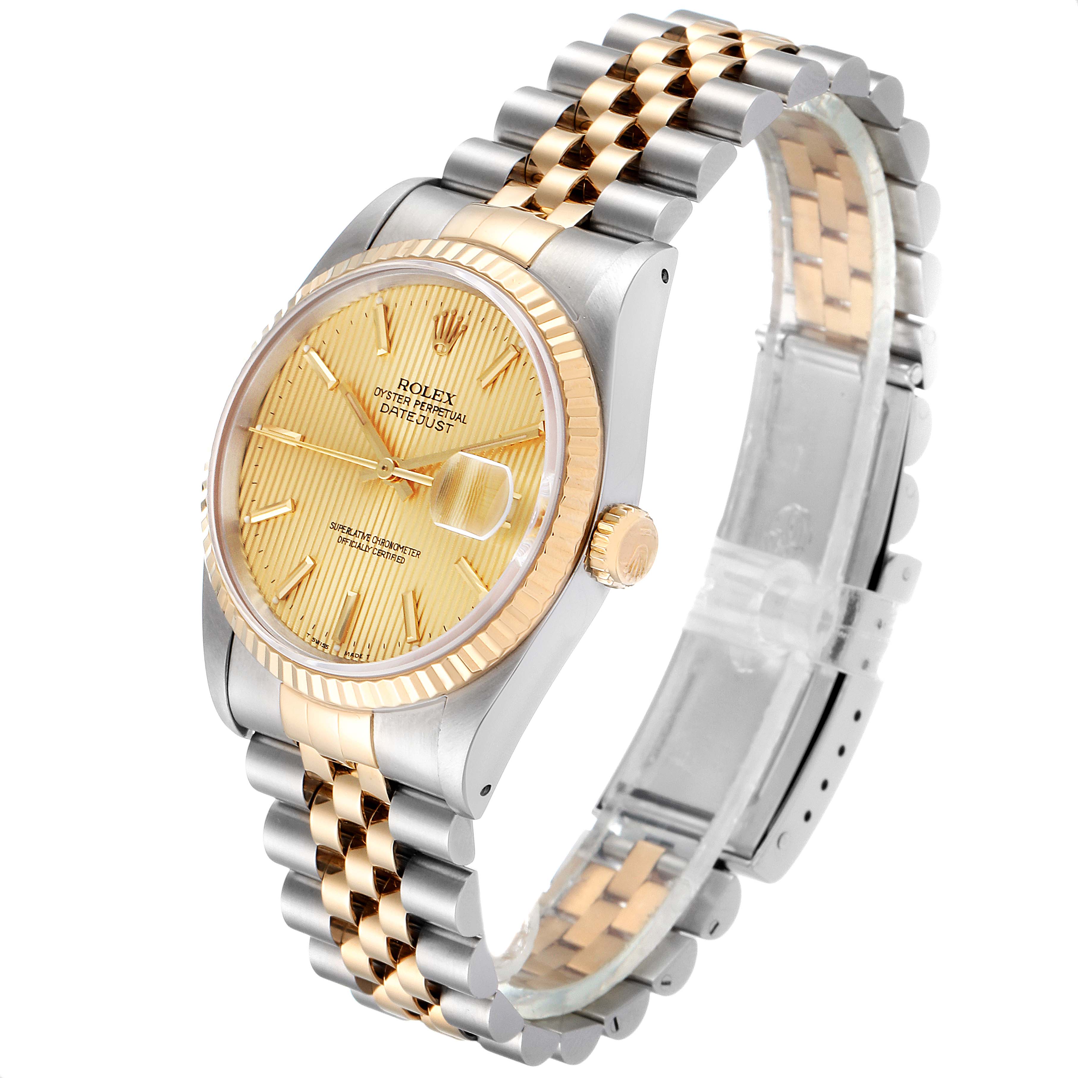 The Rolex Datejust 16233 Men's Steel and Gold (two tone) Champagne Dial 16233 Men's Steel and Gold (two tone) Champagne Dial watch is shown at an angle highlighting its face, bezel, crown, and bracelet.