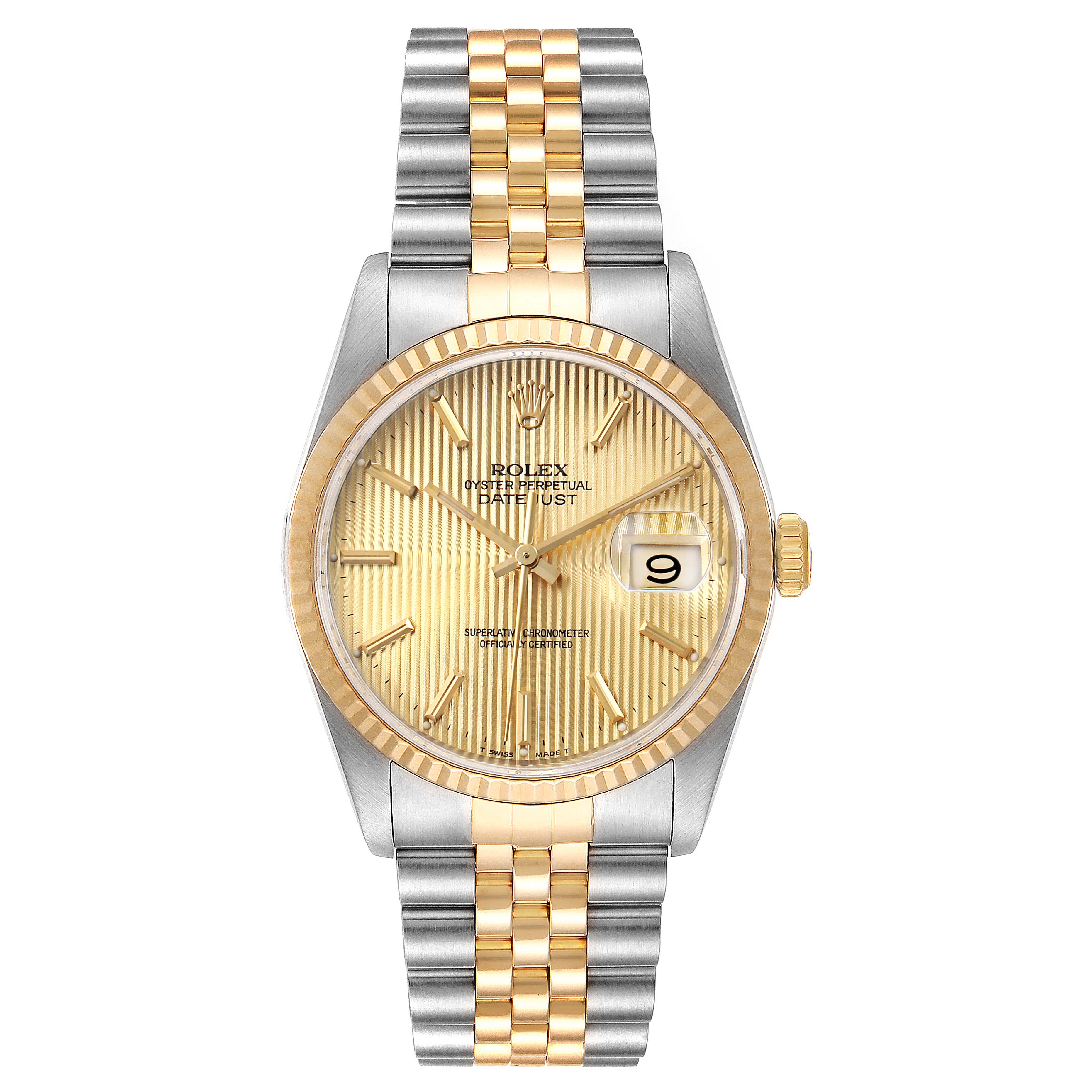 The image shows a Rolex Datejust 16233 Men's Steel and Gold (two tone) Champagne Dial 16233 Men's Steel and Gold (two tone) Champagne Dial watch in a frontal view, highlighting its dial, bezel, and two-tone bracelet.