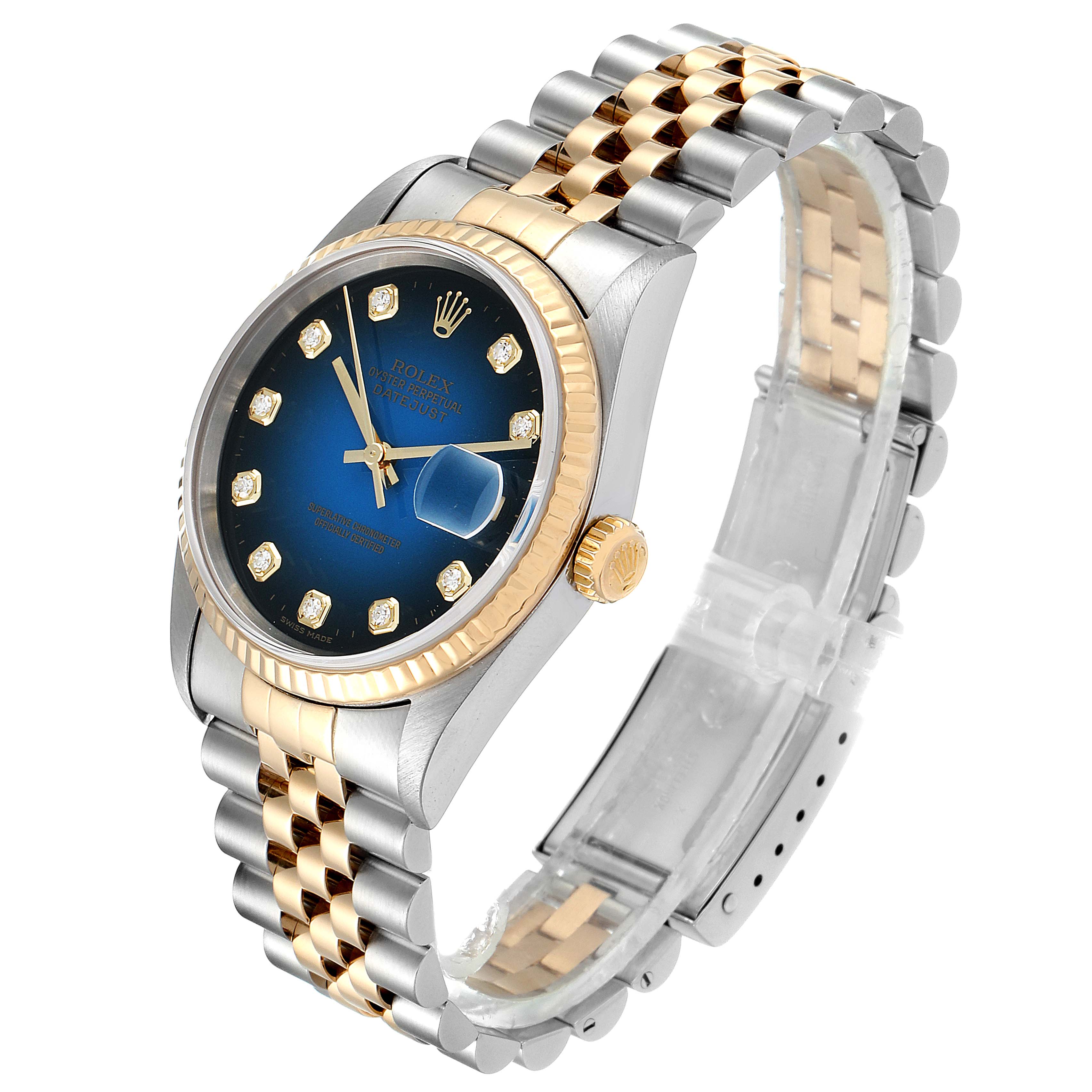 The image shows a side-angle view of the Rolex Datejust 16233 Men's Steel and Gold (two tone) Blue Dial 16233 Men's Steel and Gold (two tone) Blue Dial watch, highlighting its blue dial, diamond markers, gold fluted bezel, and Jubilee bracelet.