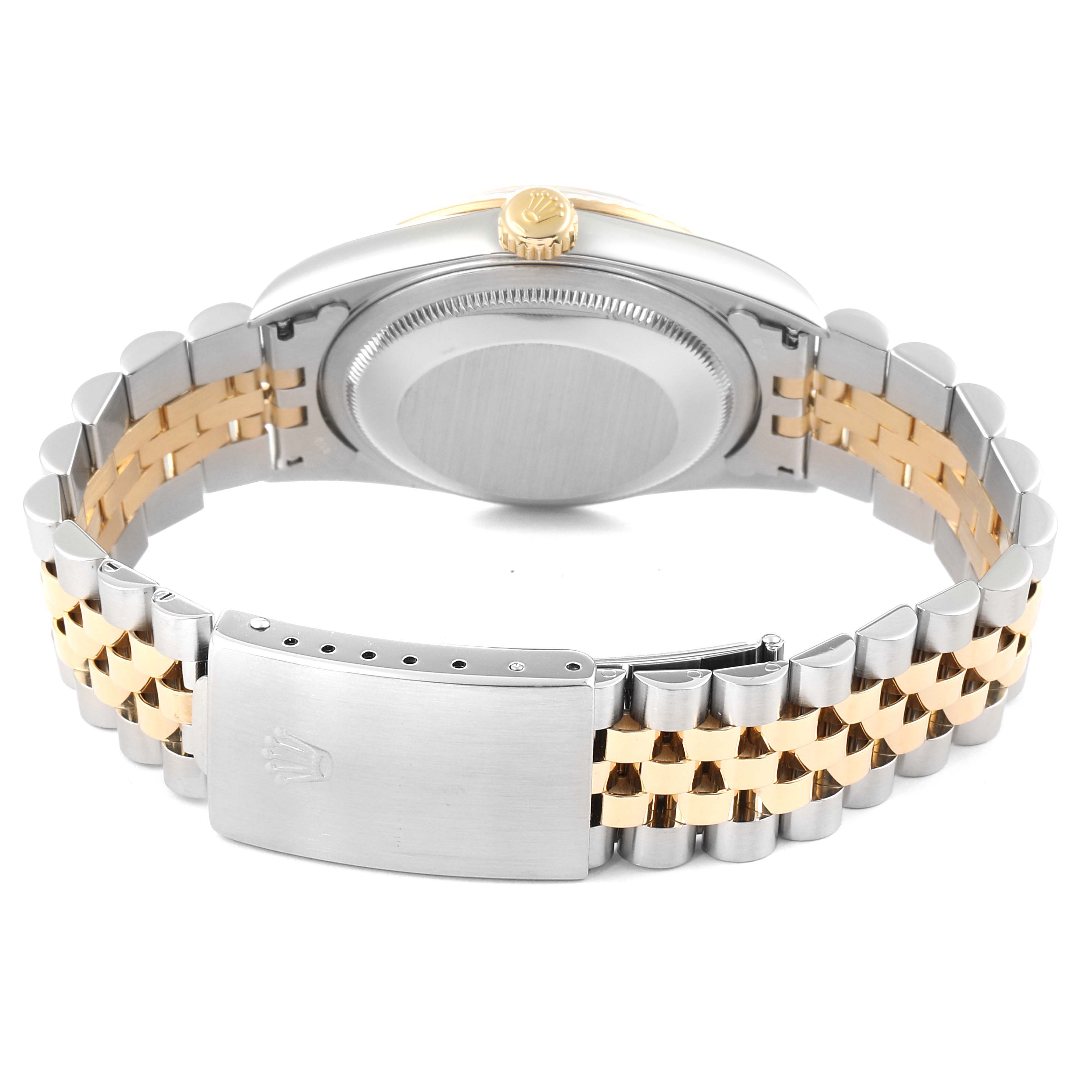 The image shows the back and band of a Rolex Datejust 16233 Men's Steel and Gold (two tone) Blue Dial 16233 Men's Steel and Gold (two tone) Blue Dial watch with a two-tone bracelet.