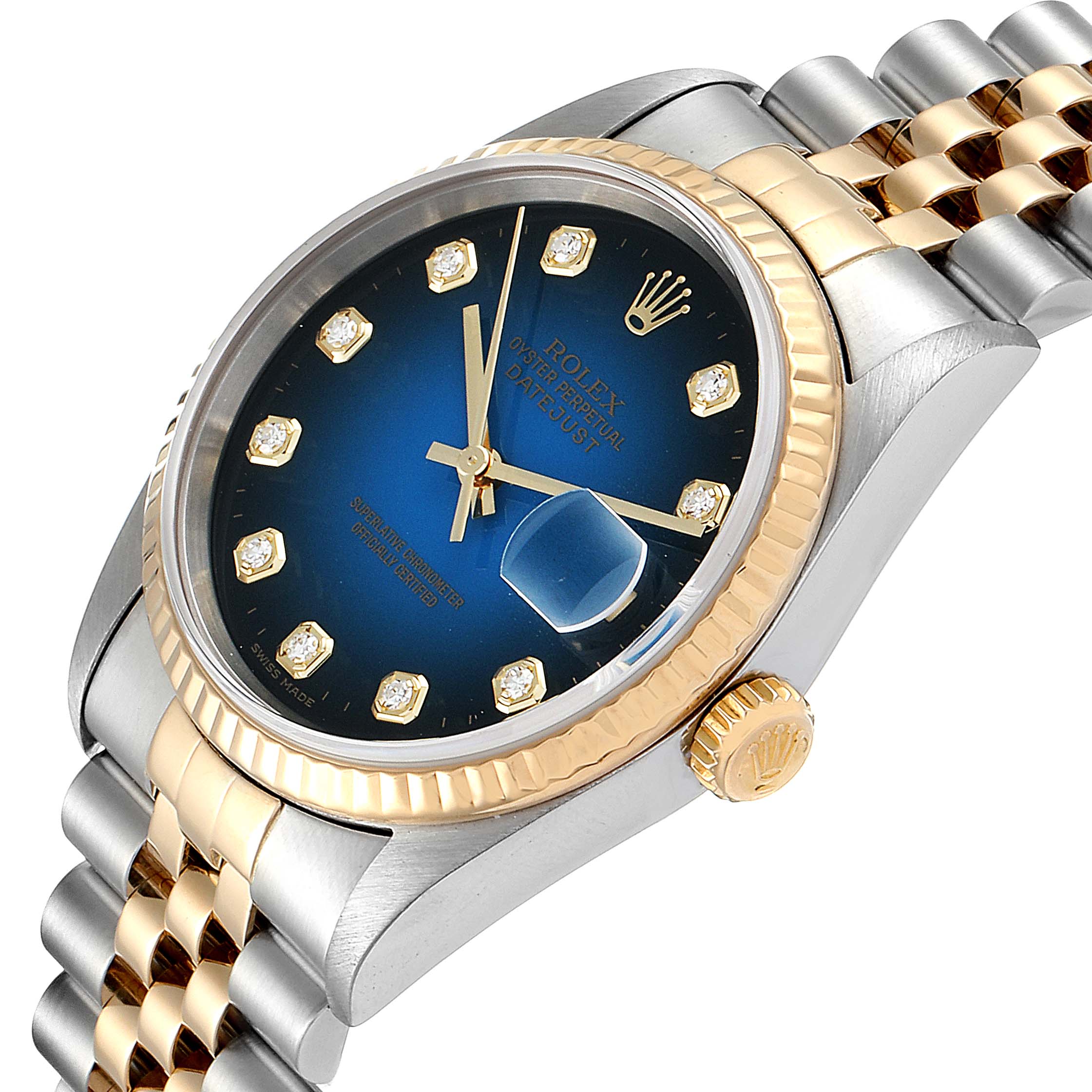 The image shows a Rolex Datejust 16233 Men's Steel and Gold (two tone) Blue Dial 16233 Men's Steel and Gold (two tone) Blue Dial watch at an oblique angle, highlighting the face, crown, bezel, and two-tone bracelet.