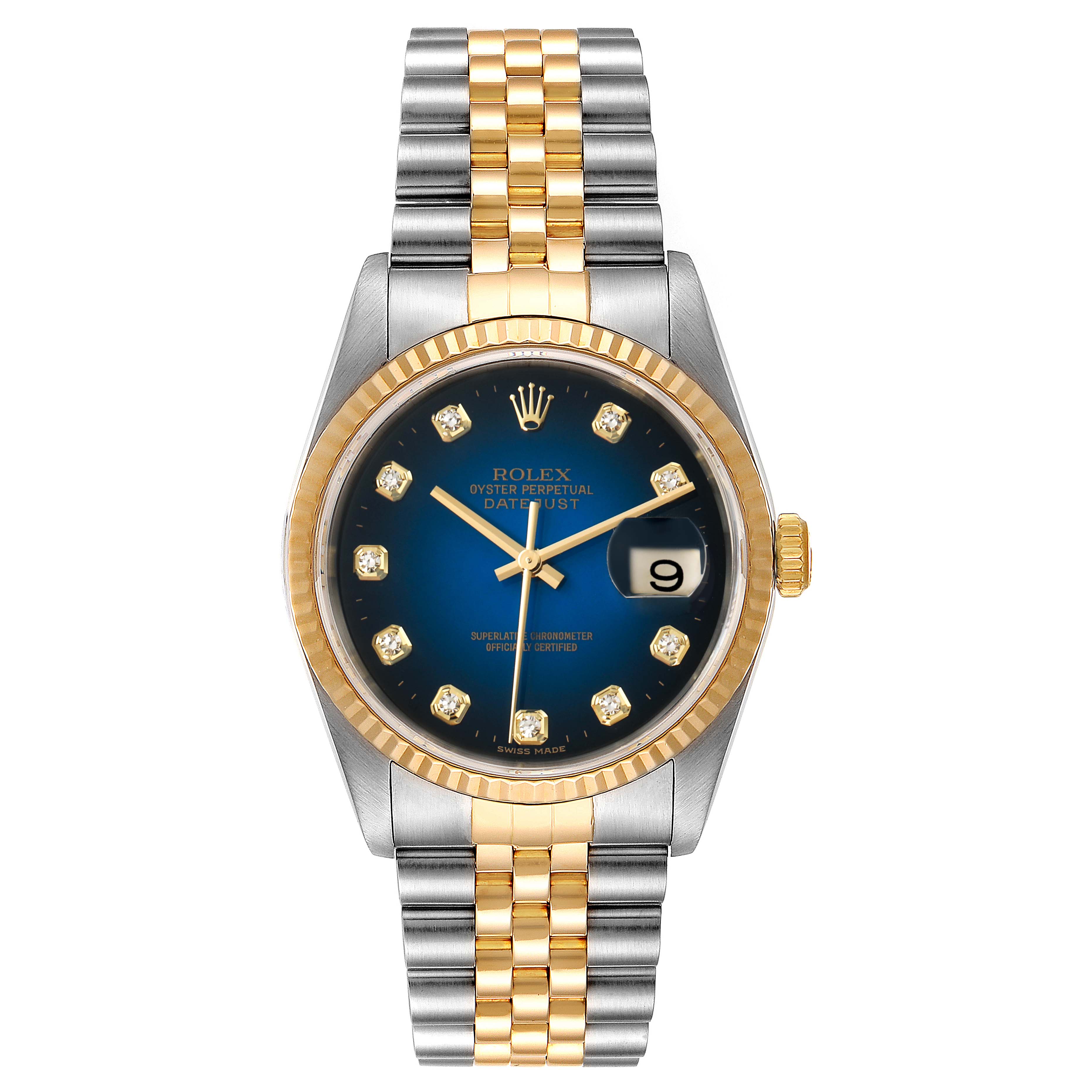 The Rolex Datejust 16233 Men's Steel and Gold (two tone) Blue Dial 16233 Men's Steel and Gold (two tone) Blue Dial model is shown from a front view, showcasing its dial, bezel, case, and bracelet.