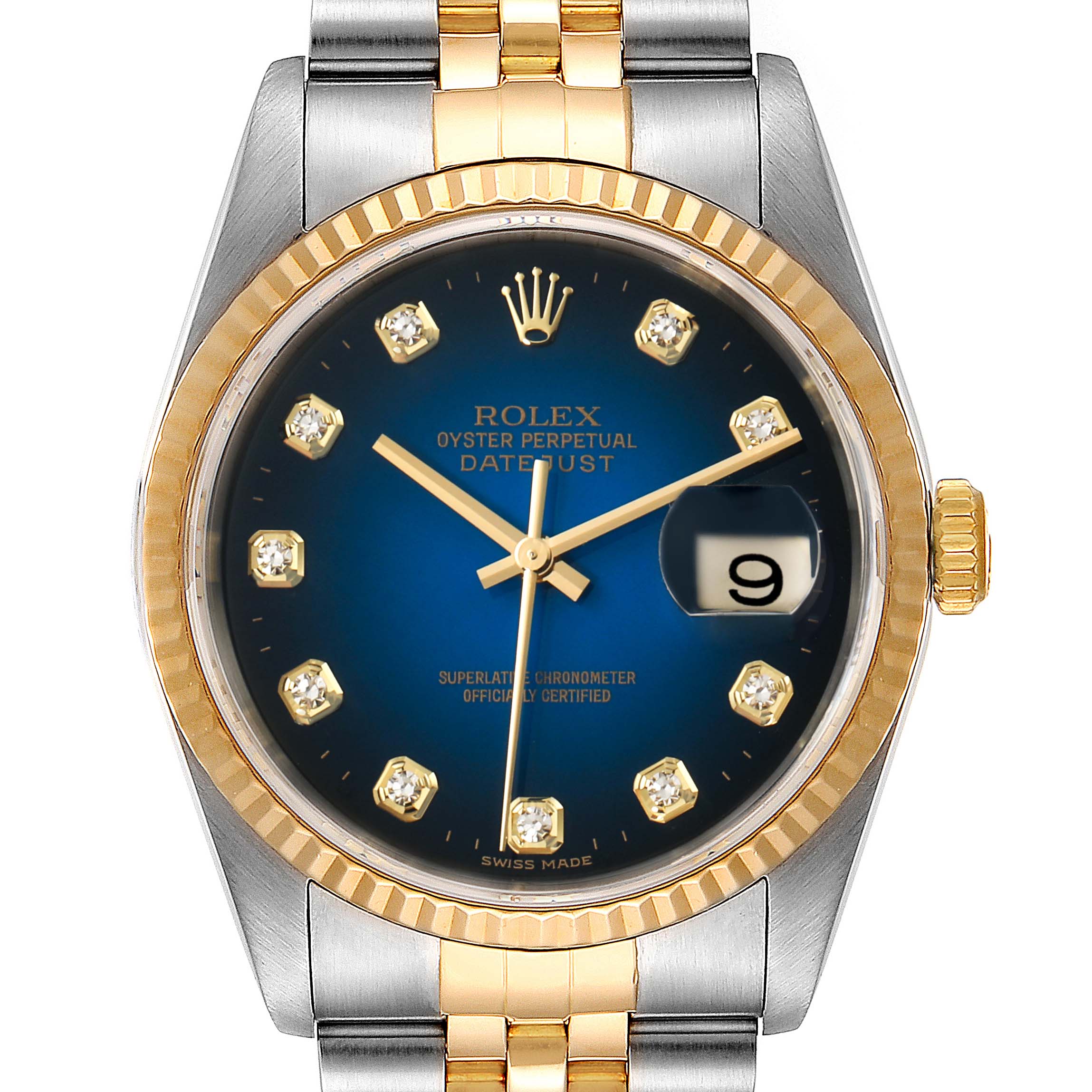 The image shows a front view of a Rolex Datejust 16233 Men's Steel and Gold (two tone) Blue Dial 16233 Men's Steel and Gold (two tone) Blue Dial watch with a blue dial, gold accents, and a jubilee bracelet.