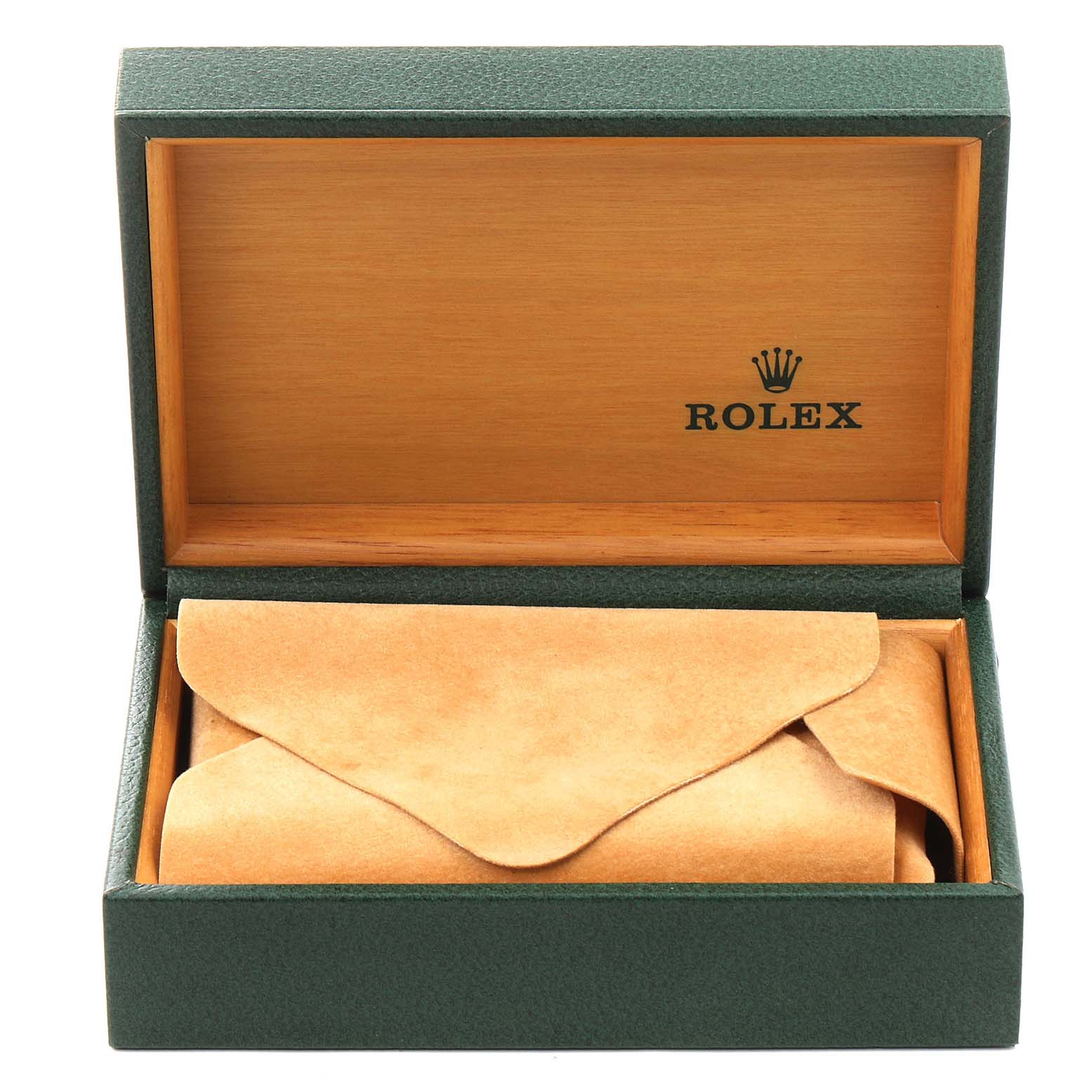 The image shows the open box and suede pouch of a Rolex Datejust 16233 Men's Steel and Gold (two tone) Blue Dial 16233 Men's Steel and Gold (two tone) Blue Dial watch at a straight-on angle.