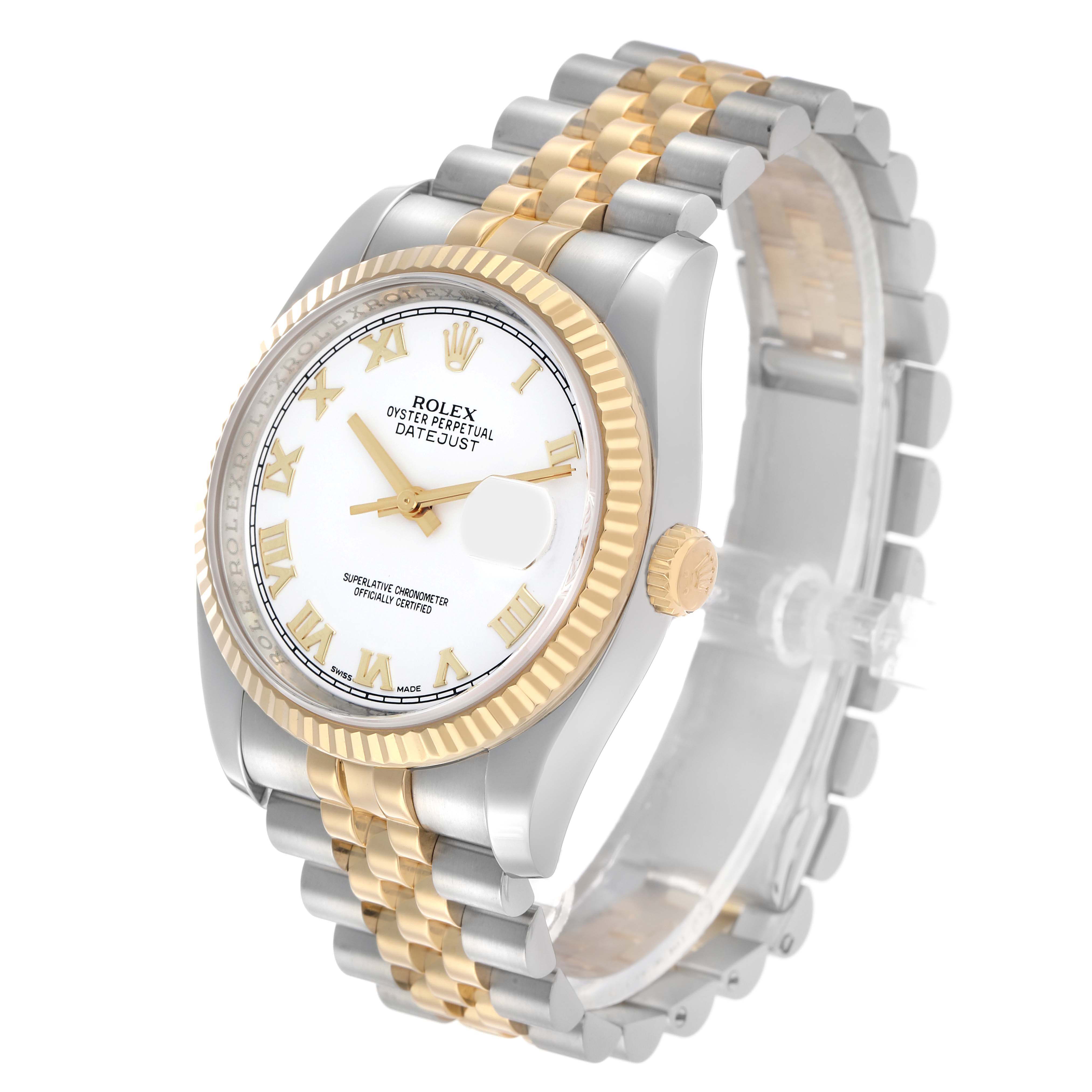 The Rolex Datejust 116233 Men's Steel and Gold (two tone) White Dial watch is shown from an angled side view, displaying the dial, bezel, crown, and two-tone bracelet.
