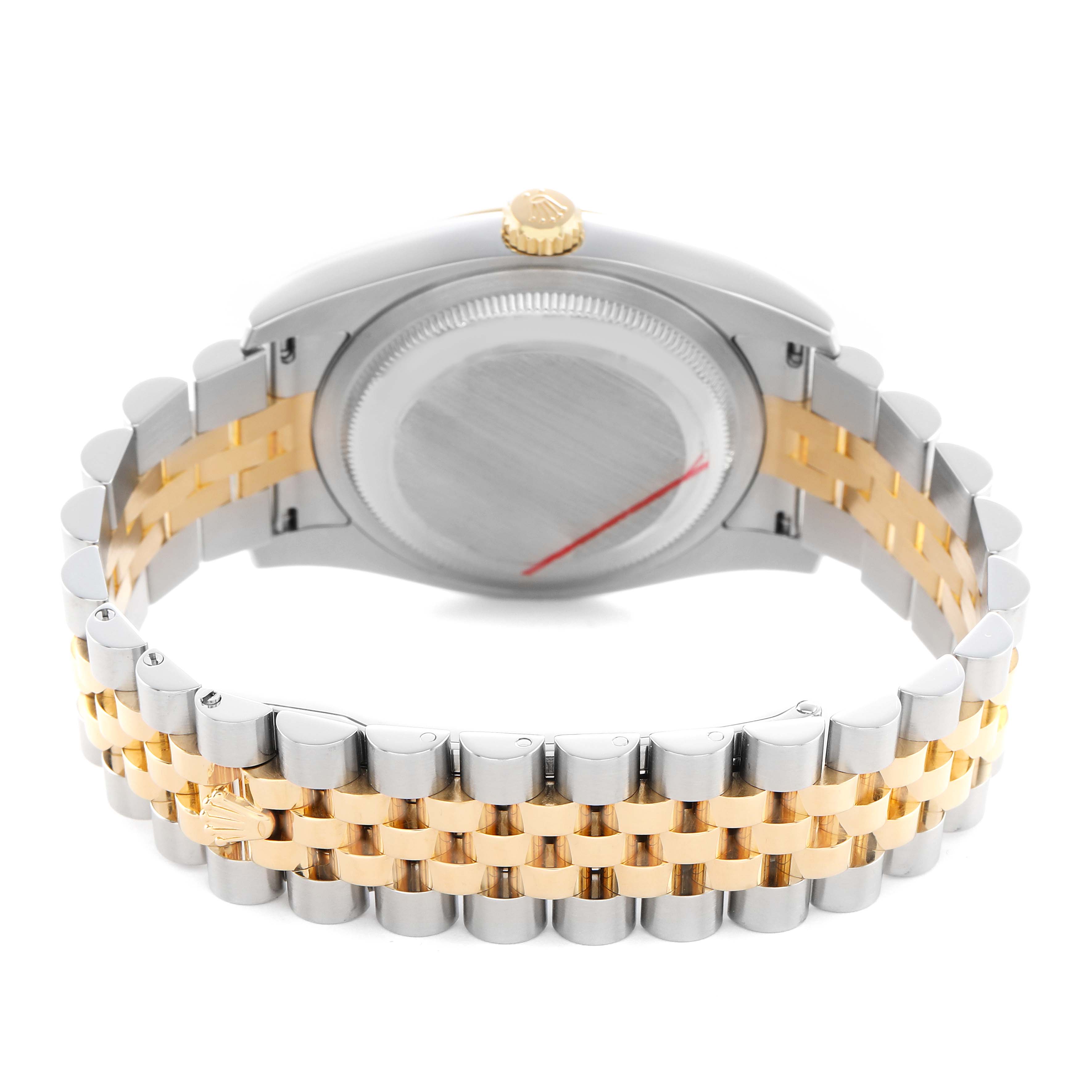 The Rolex Datejust 116233 Men's Steel and Gold (two tone) White Dial watch is shown from the back, highlighting the two-tone bracelet and case back.