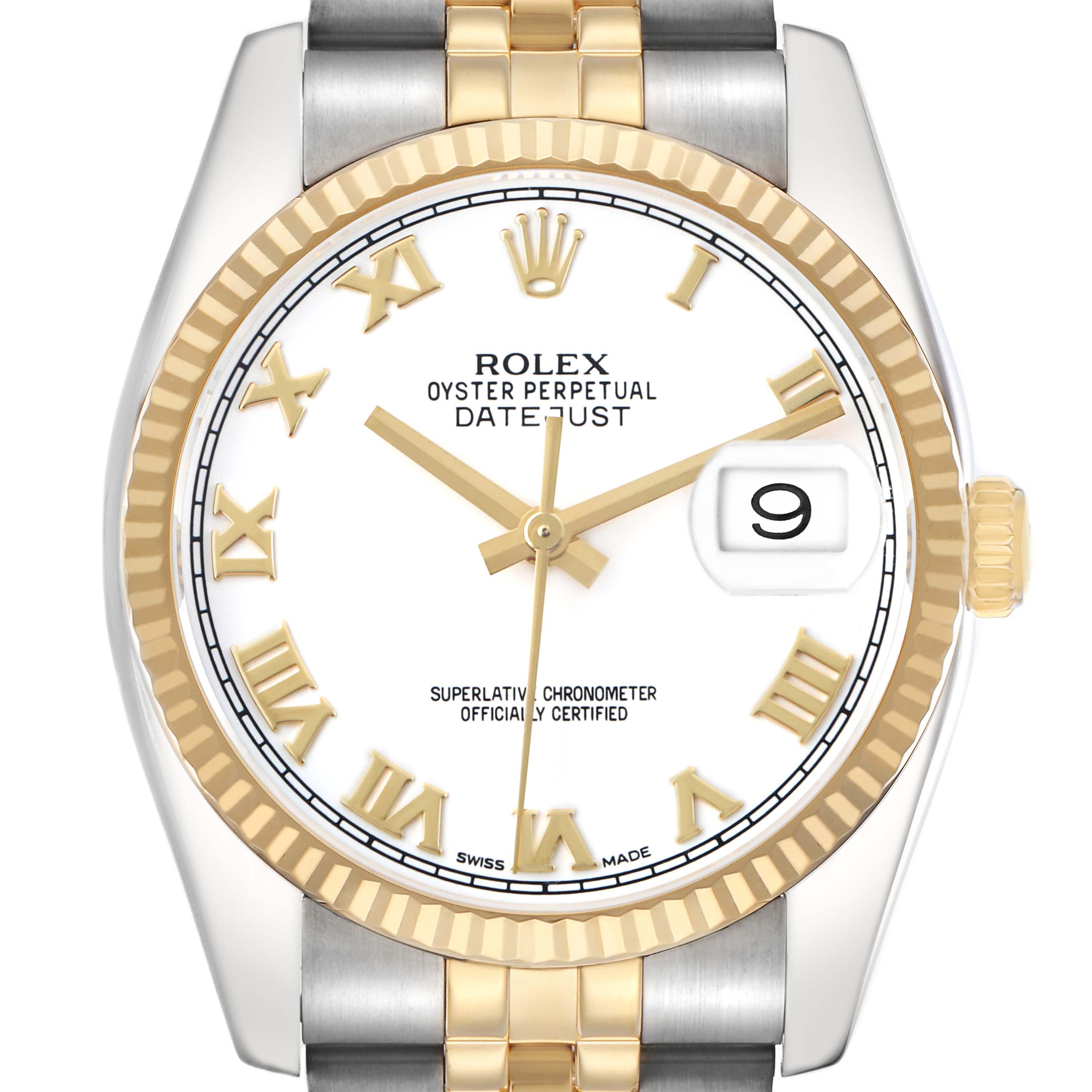 The Rolex Datejust 116233 Men's Steel and Gold (two tone) White Dial watch is shown from a front angle, highlighting the dial, bezel, crown, and part of the bracelet.