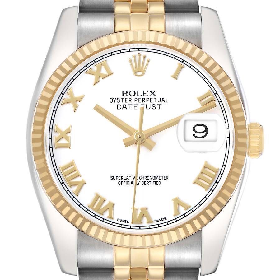 The Rolex Datejust 116233 Men's Steel and Gold (two tone) White Dial watch is shown from a front angle, highlighting the dial, bezel, crown, and part of the bracelet.