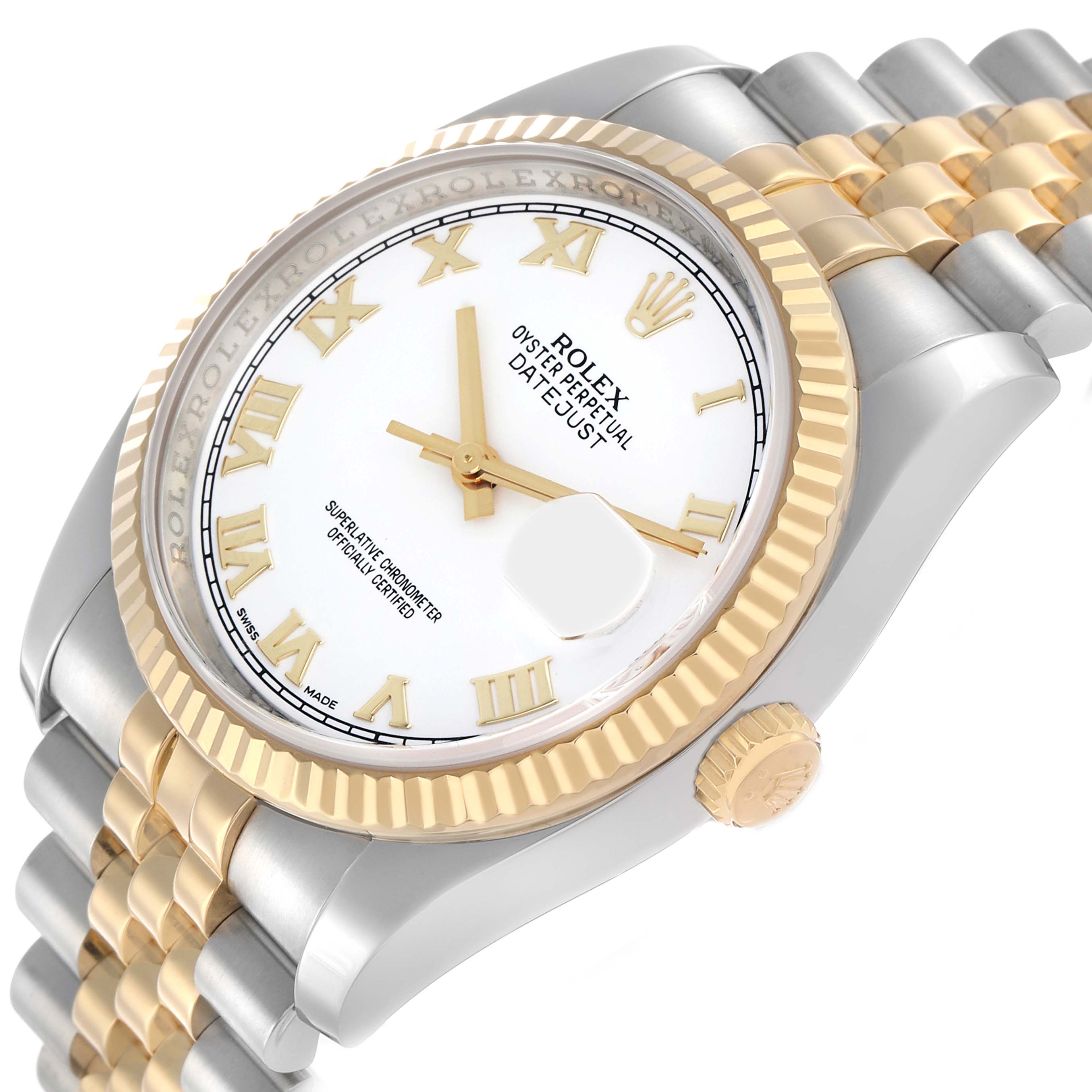 The image shows a side angle of the Rolex Datejust 116233 Men's Steel and Gold (two tone) White Dial watch, highlighting the dial, bezel, and part of the strap.