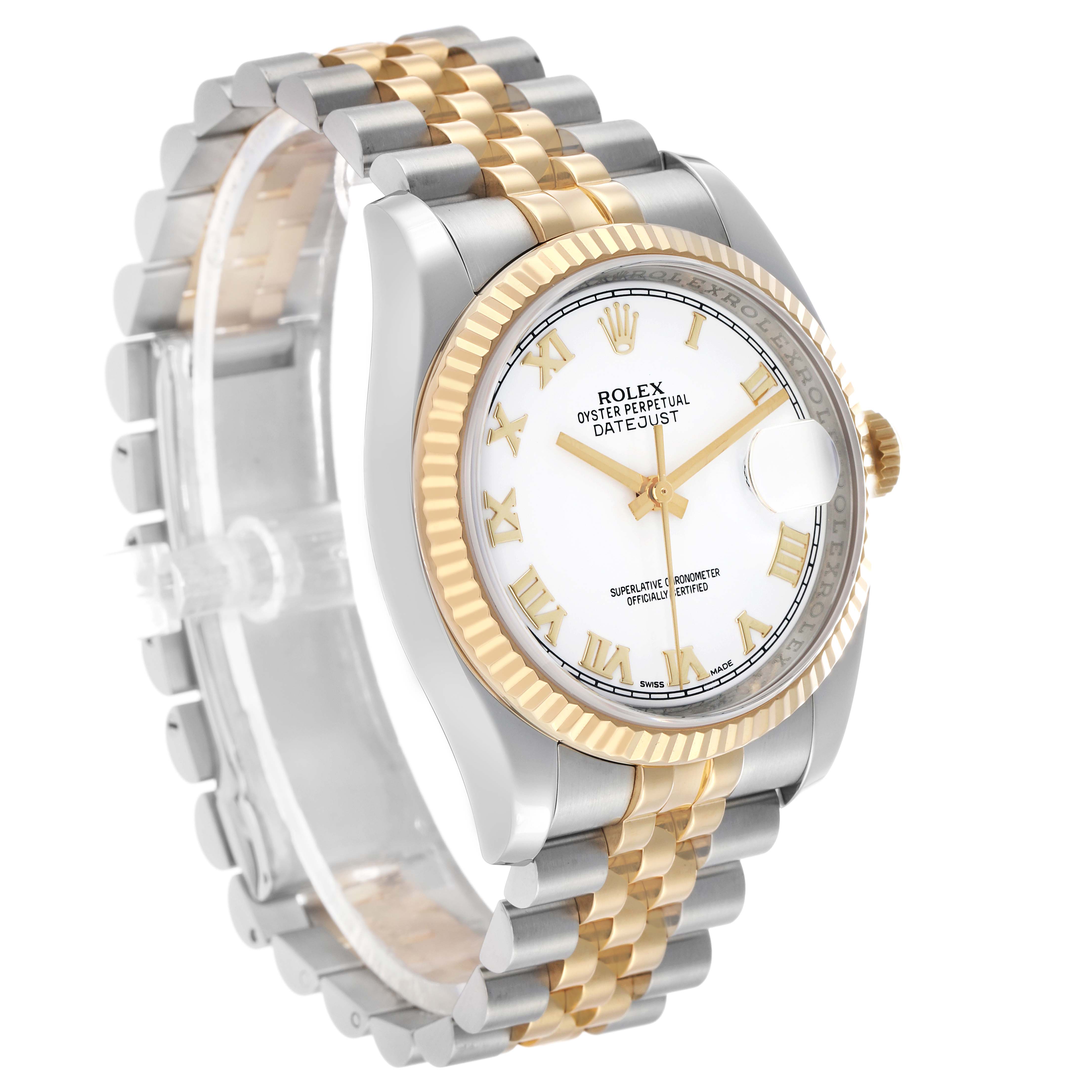 The Rolex Datejust 116233 Men's Steel and Gold (two tone) White Dial watch is shown at a three-quarter angle, highlighting the dial, fluted bezel, and two-tone Jubilee bracelet.