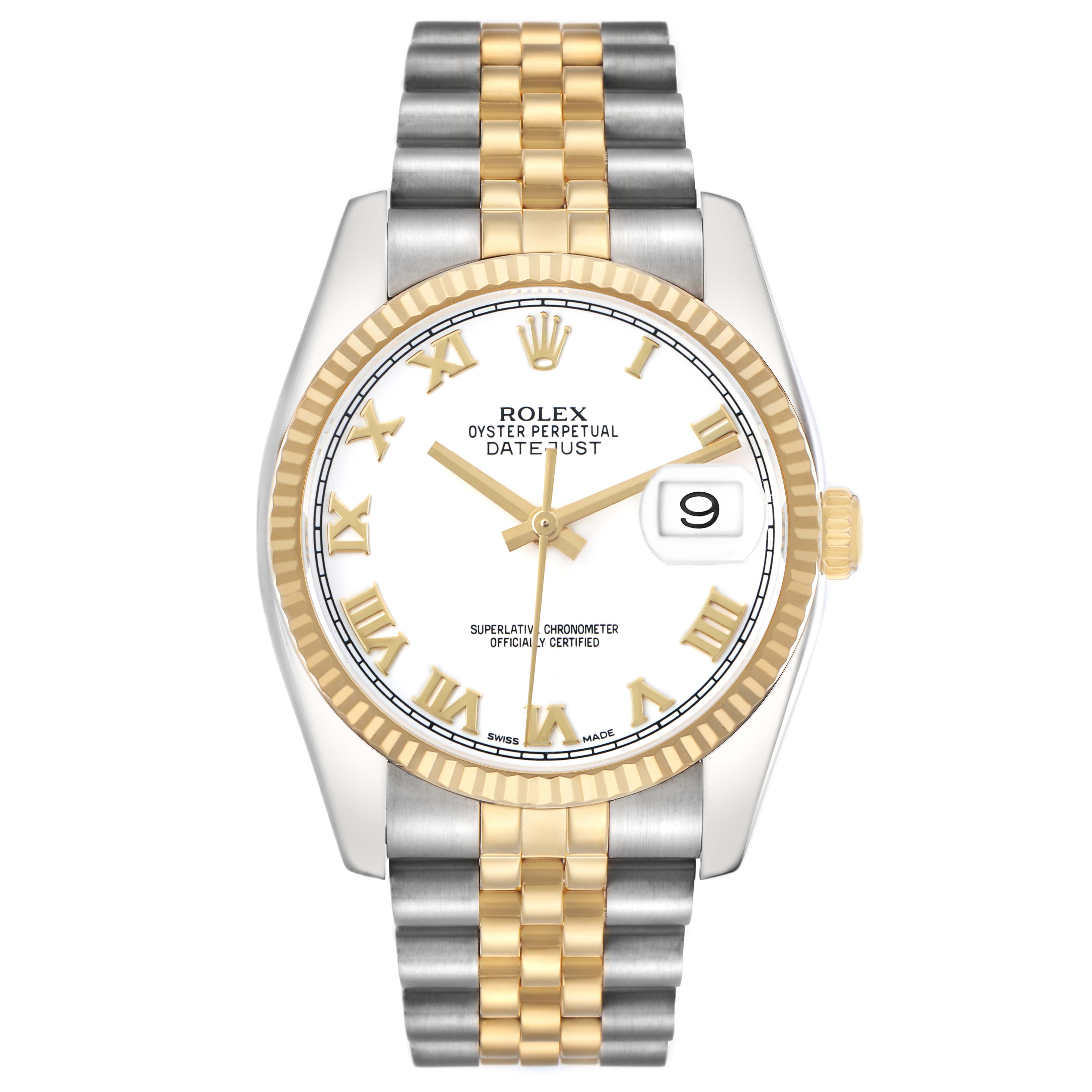 The Rolex Datejust 116233 Men's Steel and Gold (two tone) White Dial watch is shown from a front angle, with emphasis on the dial, bezel, and Jubilee bracelet.