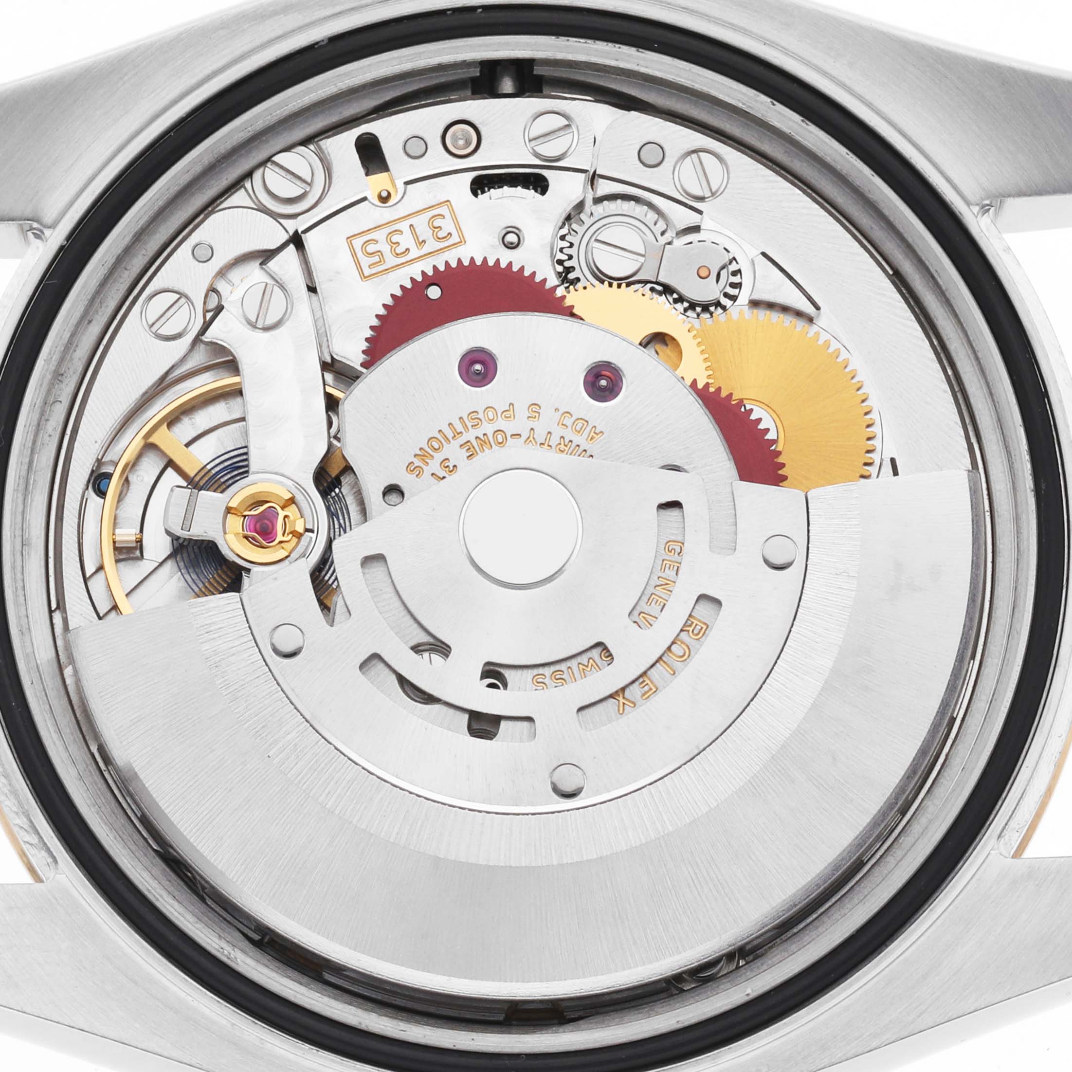 The image shows the movement of a Rolex Datejust 116233 Men's Steel and Gold (two tone) White Dial watch, viewed from the back case angle, displaying gears and rotor.