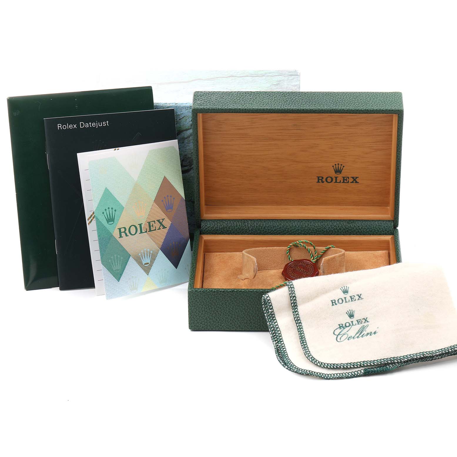 The image shows a Rolex Datejust 16233 Men's Steel and Gold (two tone) White Dial 16233 Men's Steel and Gold (two tone) White Dial watch box, manuals, cloth, and tag, viewed from the front.