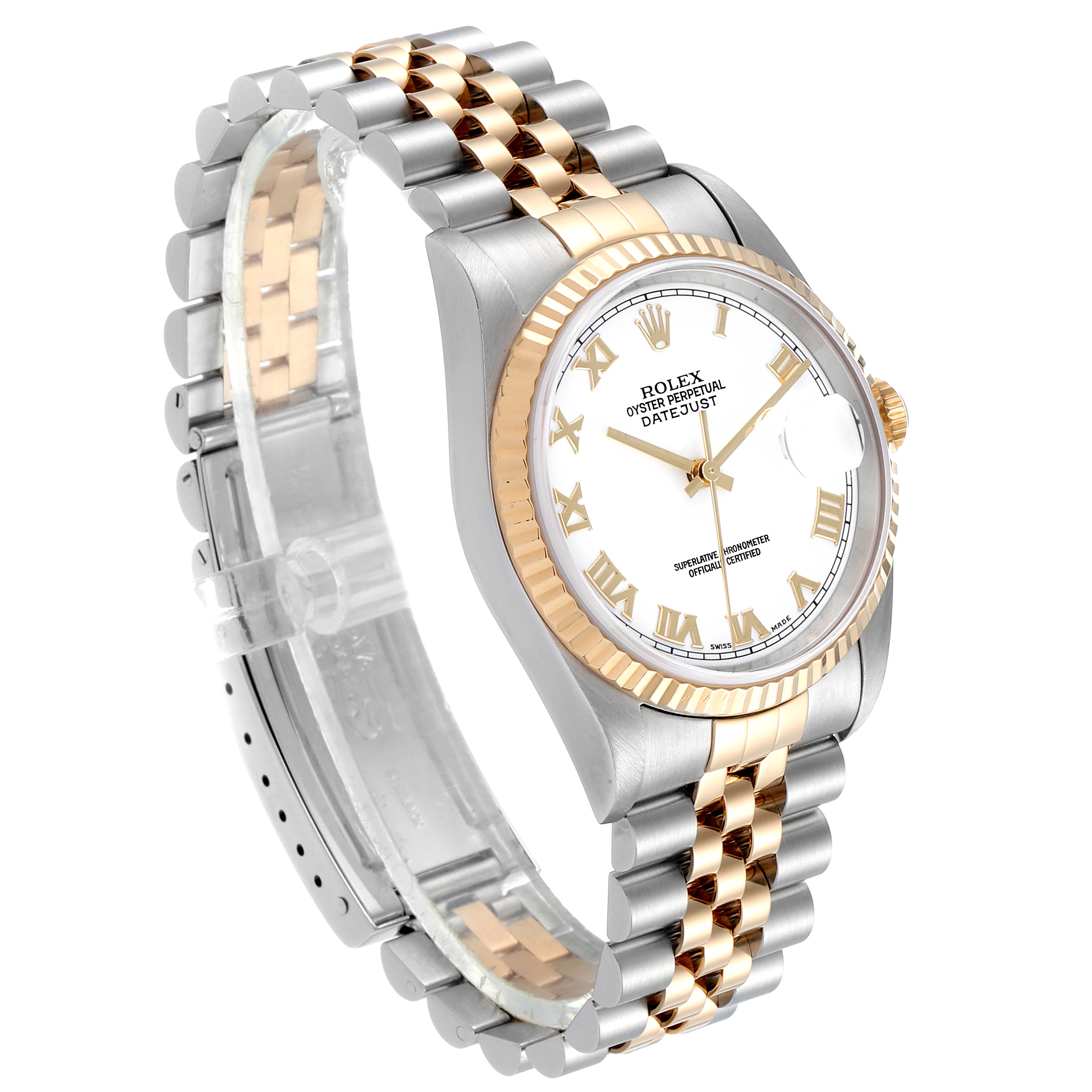 This image shows a Rolex Datejust 16233 Men's Steel and Gold (two tone) White Dial 16233 Men's Steel and Gold (two tone) White Dial model watch at an angled view, featuring its dial, bezel, and two-tone bracelet.
