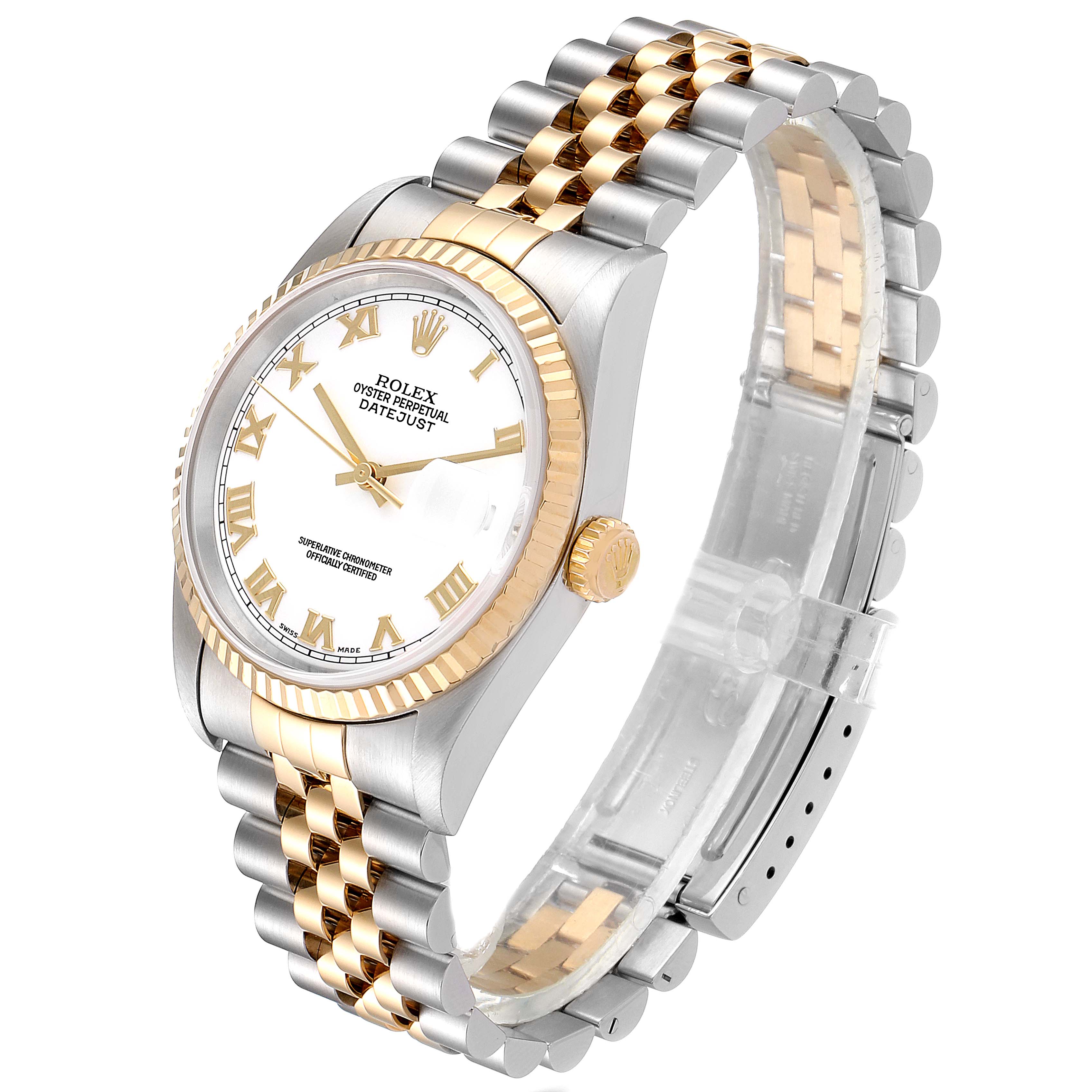 This Rolex Datejust 16233 Men's Steel and Gold (two tone) White Dial 16233 Men's Steel and Gold (two tone) White Dial watch is shown at an angled side view, showcasing the gold and stainless steel bracelet, dial, crown, and bezel.