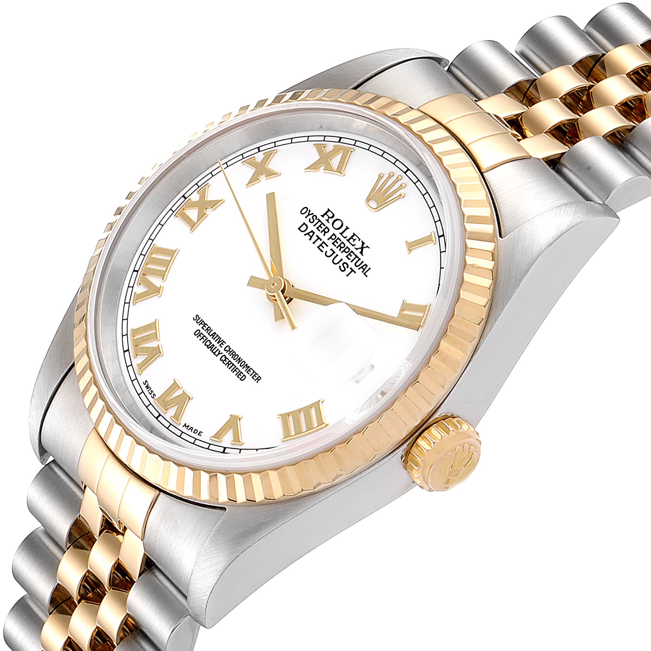 The image shows a Rolex Datejust 16233 Men's Steel and Gold (two tone) White Dial 16233 Men's Steel and Gold (two tone) White Dial watch at a slight angle, highlighting the face, bezel, crown, and part of the bracelet.
