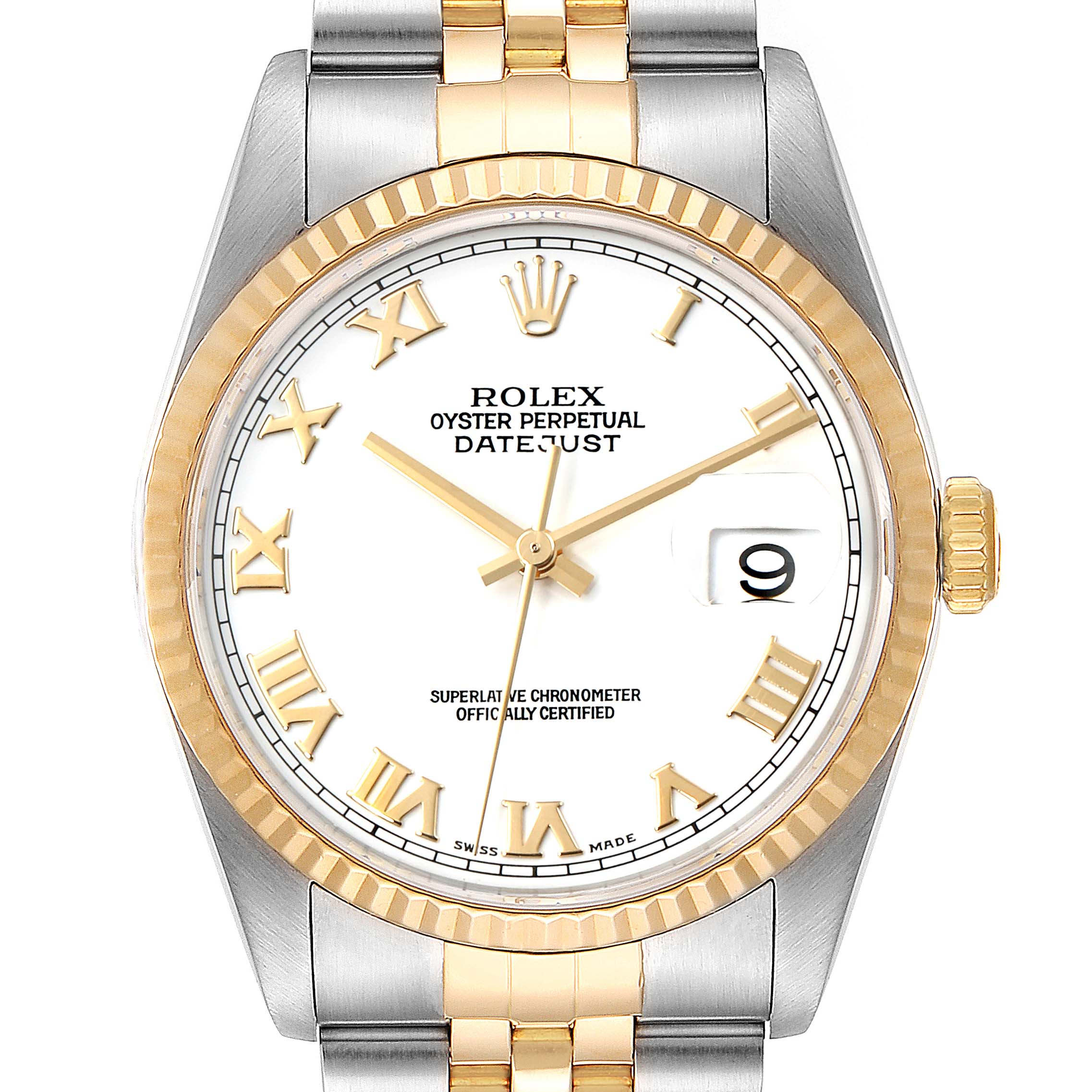 This image shows a front view of the Rolex Datejust 16233 Men's Steel and Gold (two tone) White Dial 16233 Men's Steel and Gold (two tone) White Dial watch, highlighting its gold and steel design, fluted bezel, and Roman numeral markers.