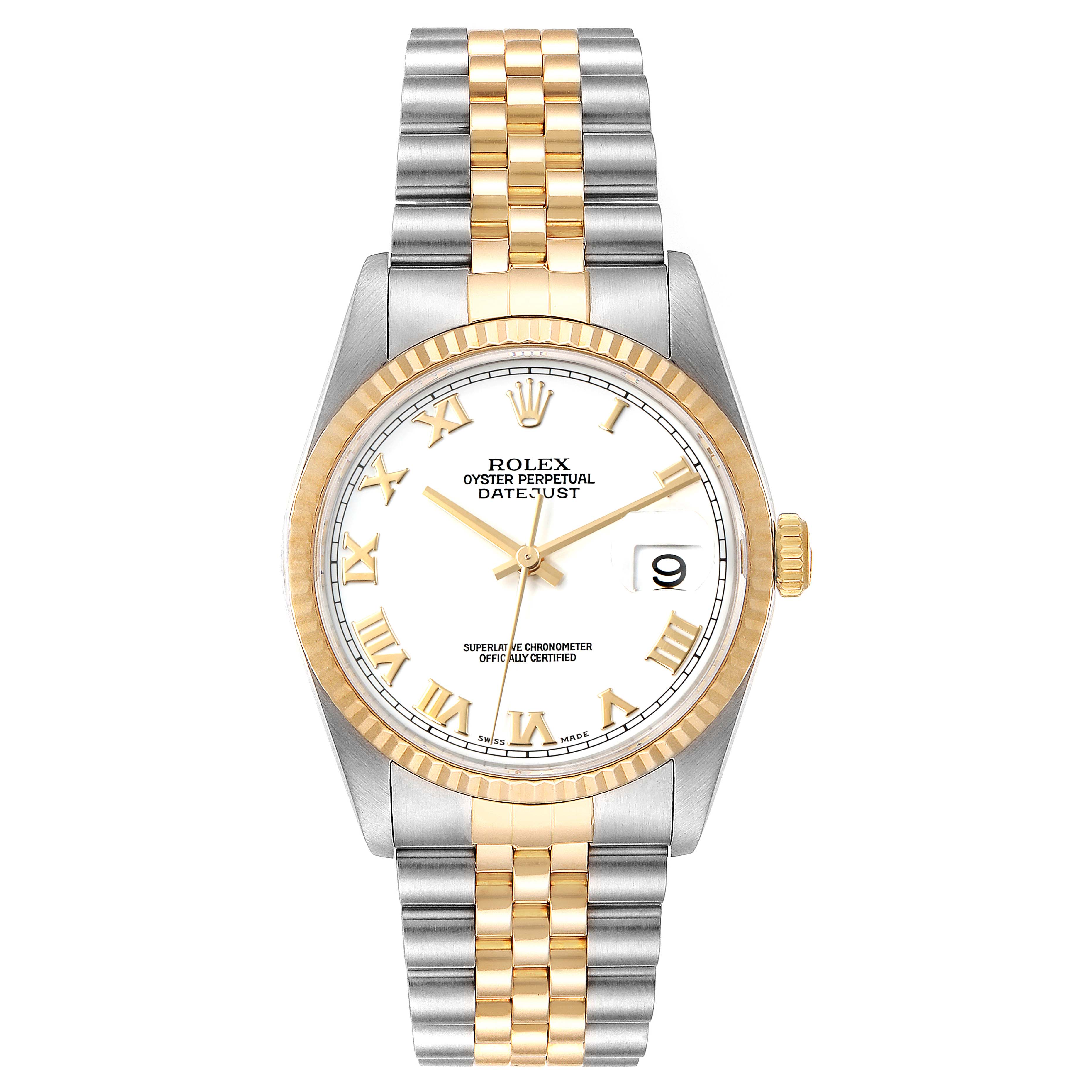 This Rolex Datejust 16233 Men's Steel and Gold (two tone) White Dial 16233 Men's Steel and Gold (two tone) White Dial watch is shown from a front view, displaying its face, bezel, and two-tone bracelet.