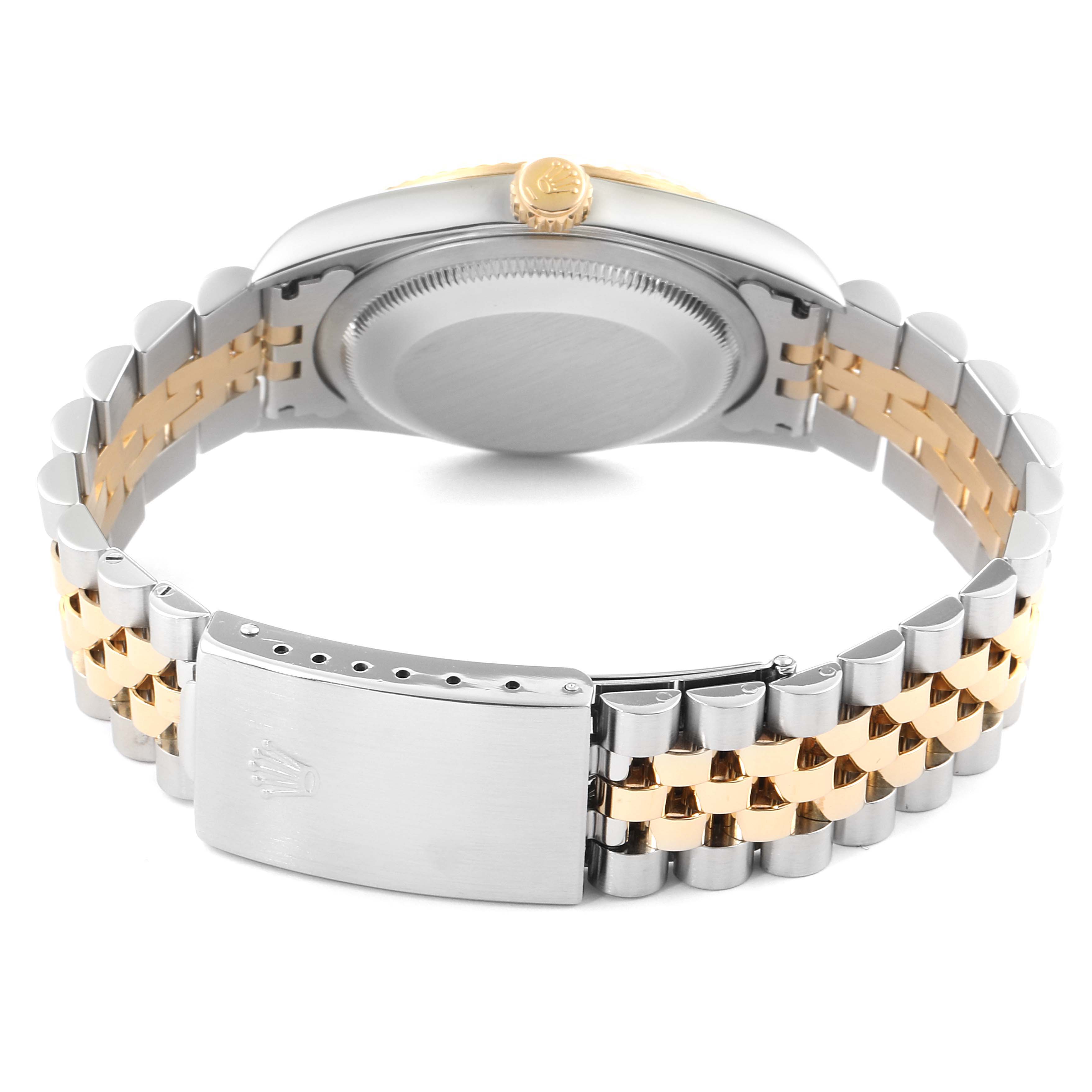 This image shows the Rolex Datejust 16233 Men's Steel and Gold (two tone) White Dial 16233 Men's Steel and Gold (two tone) White Dial watch from the rear, displaying its case back, crown, and two-tone jubilee bracelet.