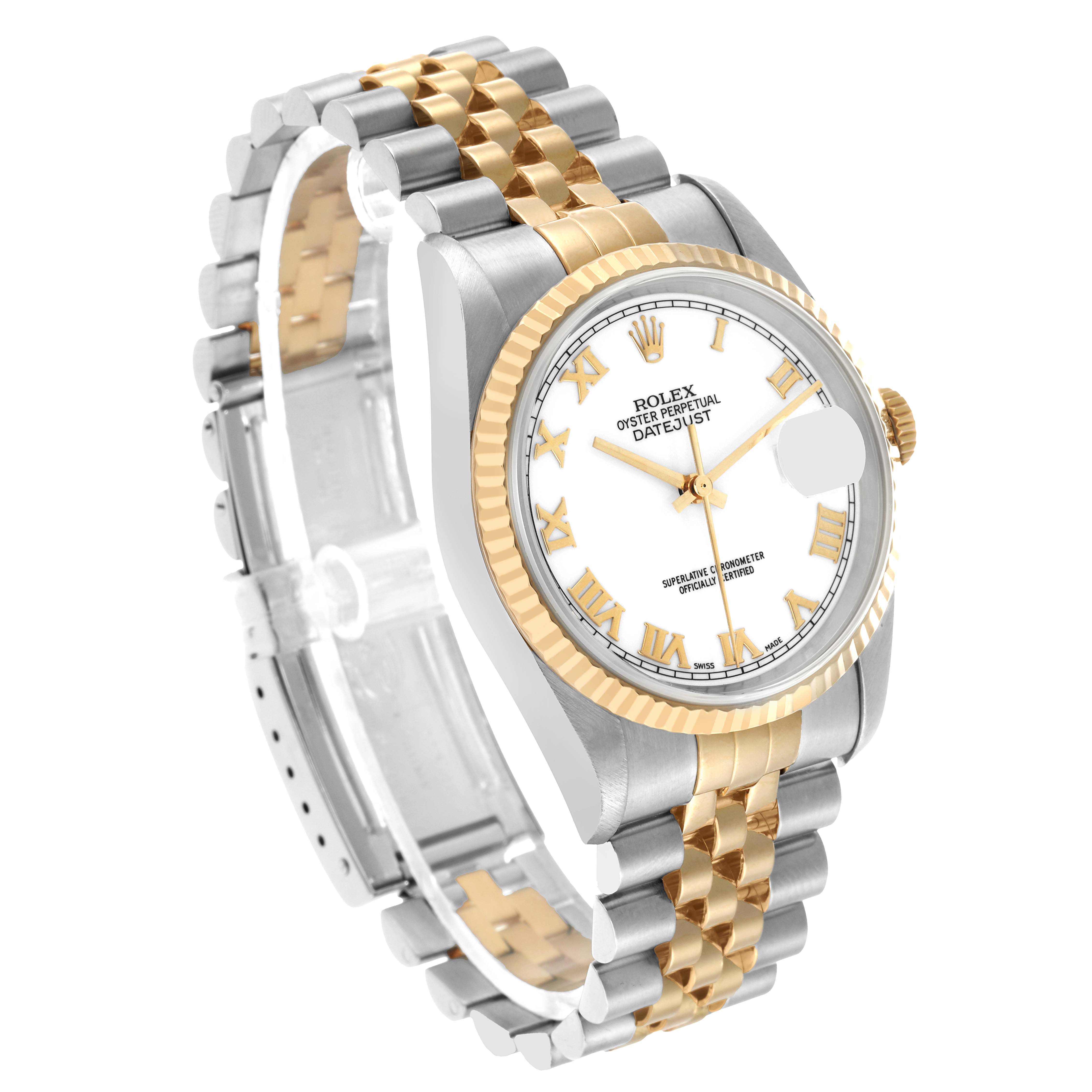 The Rolex Datejust 16233 Men's Steel and Gold (two tone) White Dial watch is shown at an angled side view, highlighting its gold and silver bracelet, bezel, and white dial.