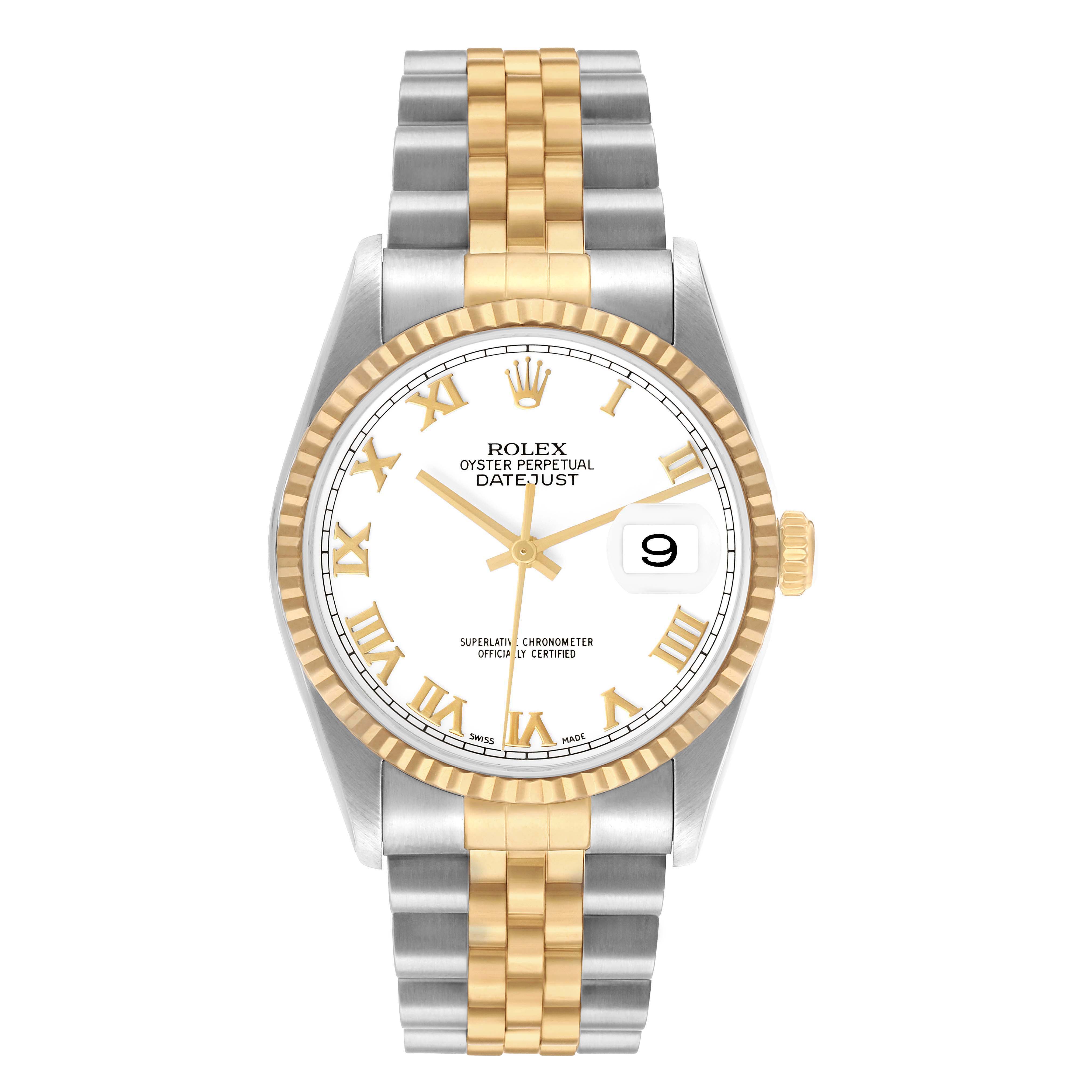 The Rolex Datejust 16233 Men's Steel and Gold (two tone) White Dial watch is shown from a frontal view, displaying its dial, bezel, and bracelet.