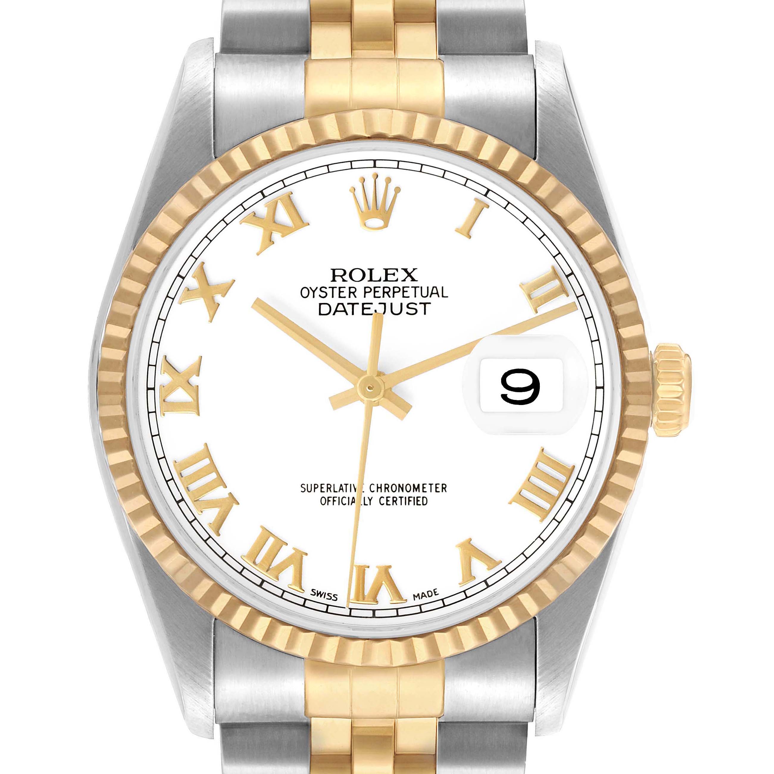 The Rolex Datejust 16233 Men's Steel and Gold (two tone) White Dial watch is shown from the front, highlighting the dial, hands, bezel, and part of the bracelet.