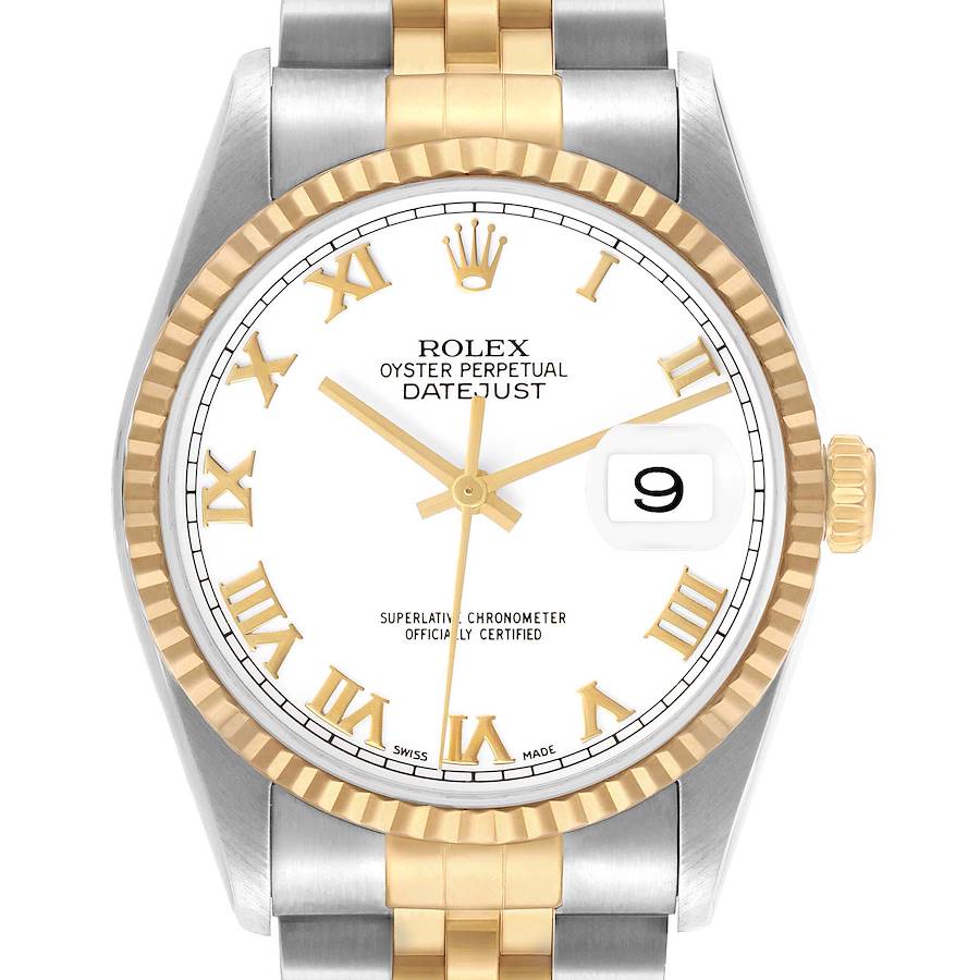 The Rolex Datejust 16233 Men's Steel and Gold (two tone) White Dial watch is shown from the front, highlighting the dial, hands, bezel, and part of the bracelet.