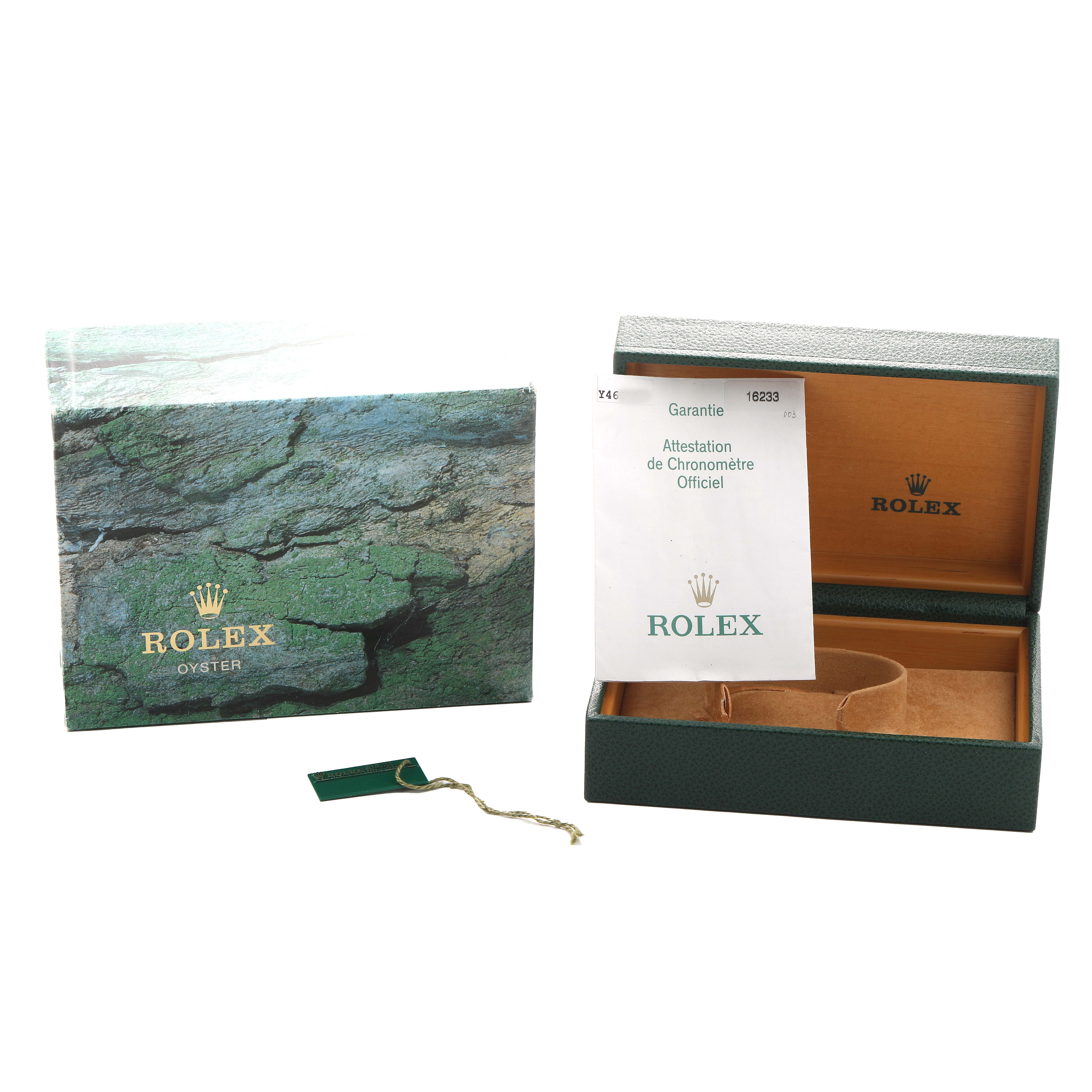 The image shows a Rolex Datejust 16233 Men's Steel and Gold (two tone) White Dial box and certificate, along with a tag, from a front view.