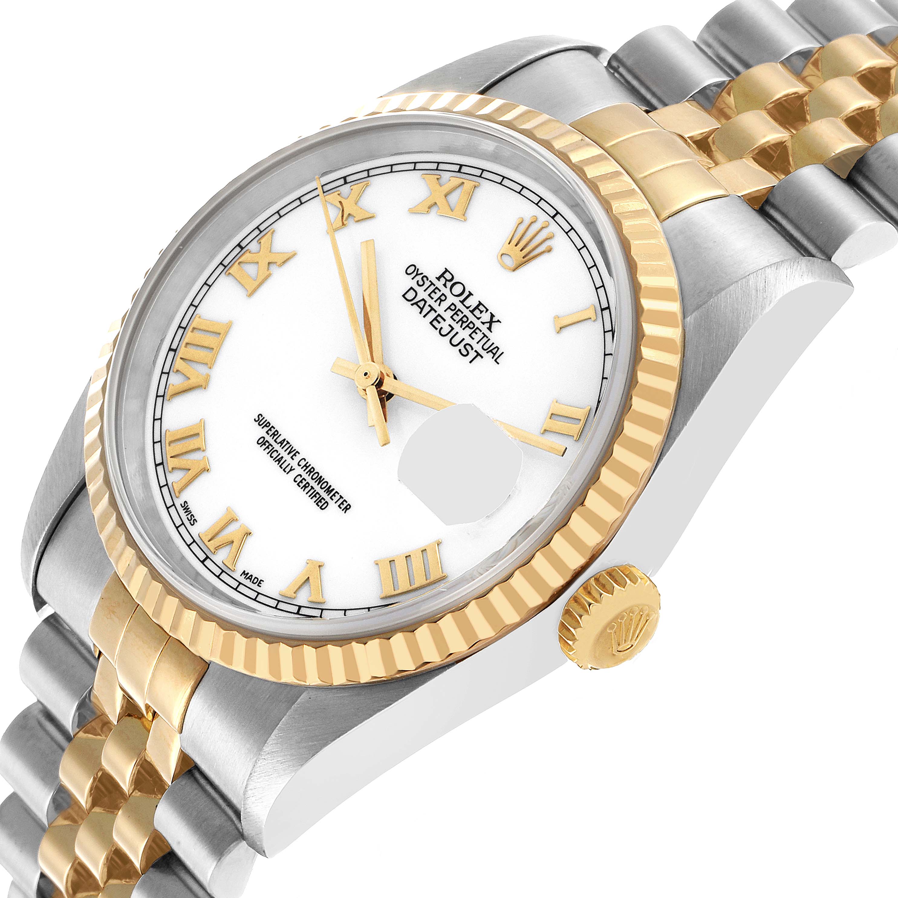 The Rolex Datejust 16233 Men's Steel and Gold (two tone) White Dial watch is angled to show the bezel, dial, crown, and part of the jubilee bracelet.