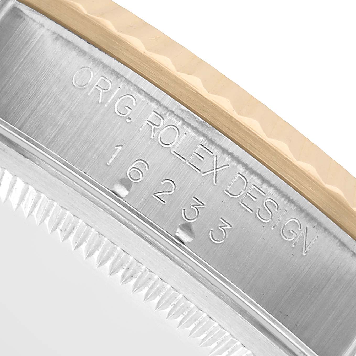 The image shows a close-up of the Rolex Datejust 16233 Men's Steel and Gold (two tone) White Dial case side, highlighting the engraved model number and "ORIG ROLEX DESIGN."