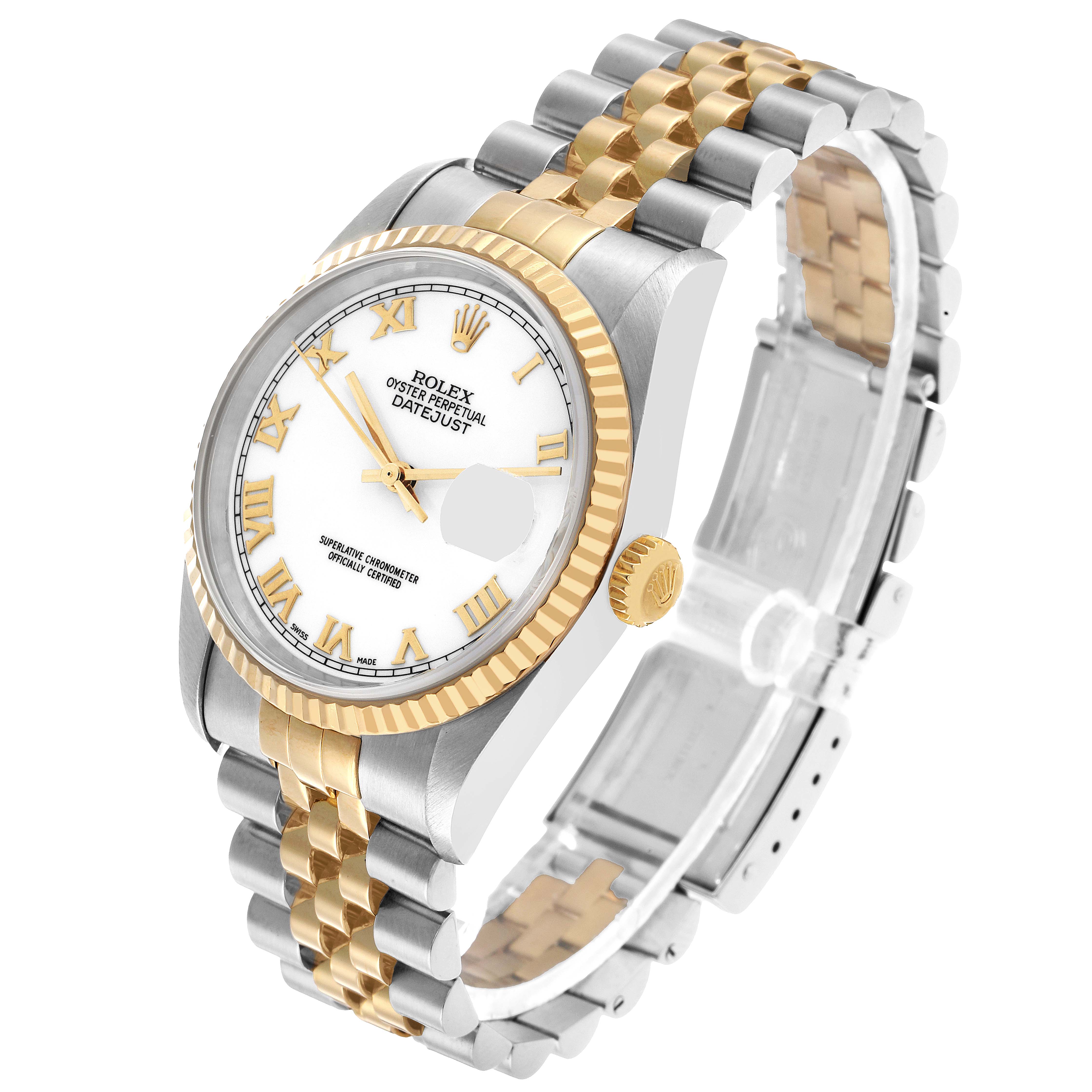 The Rolex Datejust 16233 Men's Steel and Gold (two tone) White Dial watch is shown at a three-quarter angle, highlighting the face, bezel, crown, and two-tone bracelet.