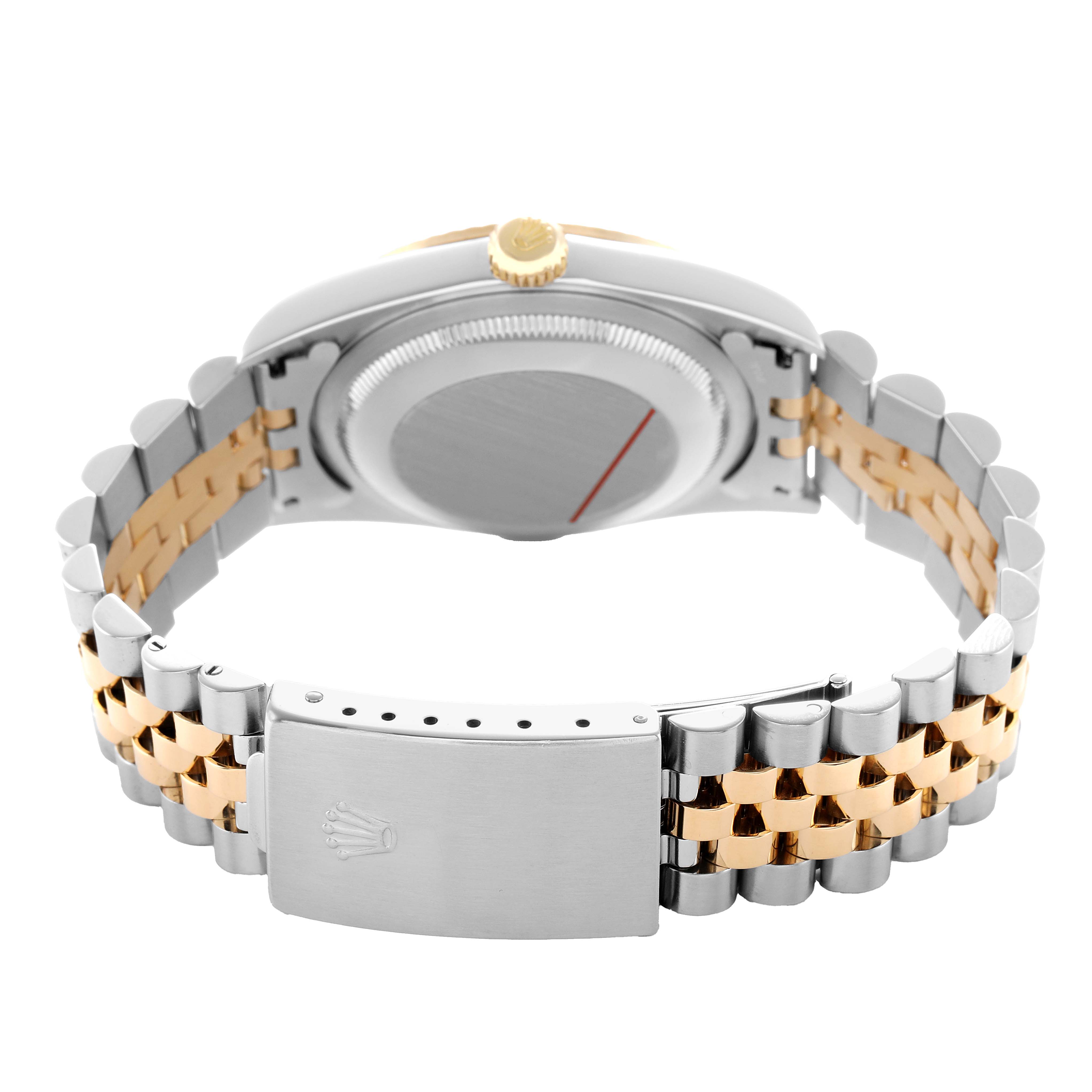 The image shows the back and clasp of a Rolex Datejust 16233 Men's Steel and Gold (two tone) White Dial, highlighting the bracelet and crown.