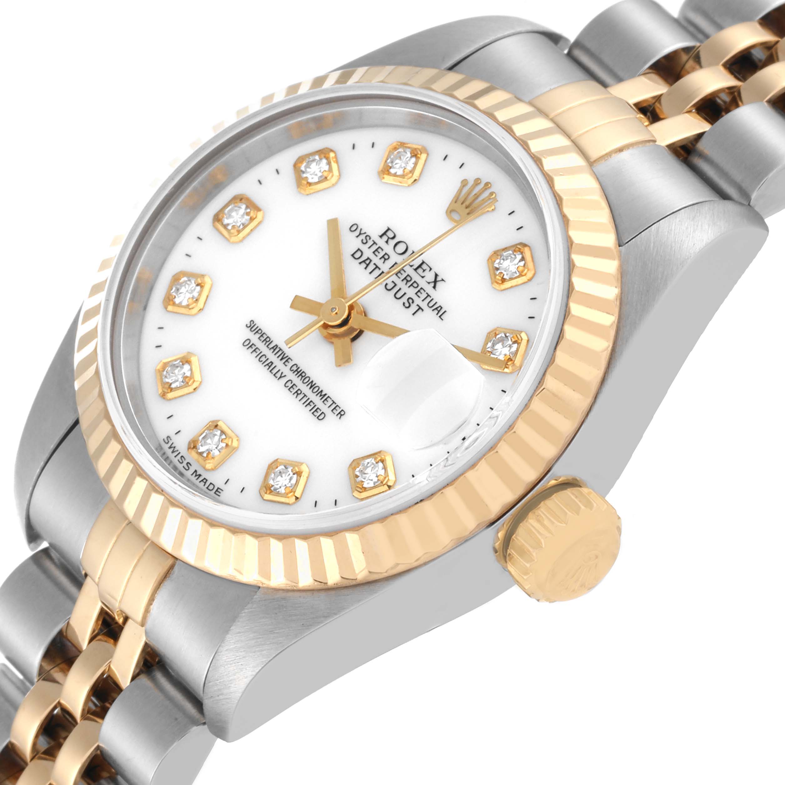 This image shows a close-up angle of the Rolex Datejust 79173 Women's Steel and Gold (two tone) White Dial 79173 Women's Steel and Gold (two tone) White Dial watch, focusing on the dial, bezel, crown, and part of the bracelet.